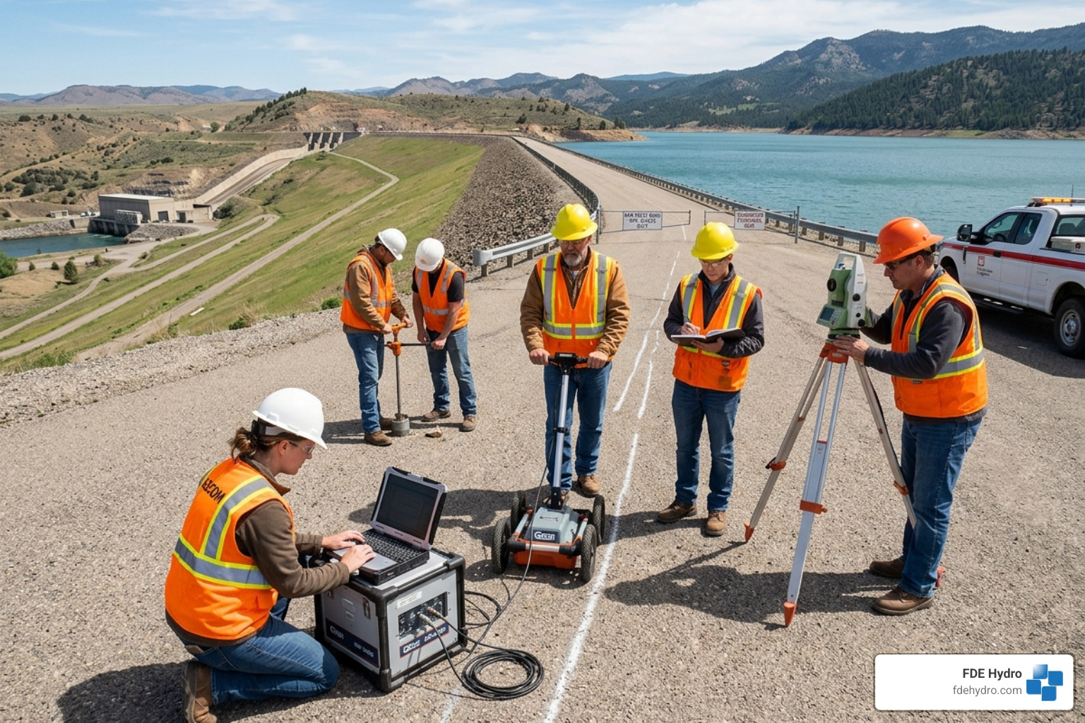 Engineers conducting a field investigation on a dam crest - Dam Rehabilitation