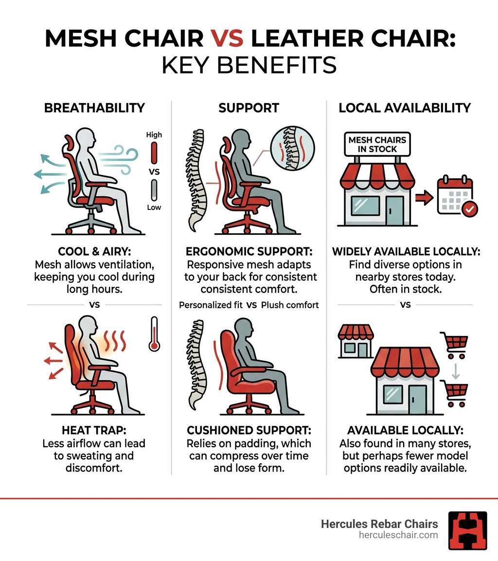 Mesh chair vs leather chair benefits infographic showing breathability, support, and local availability - mesh chair near me Mesh chair vs leather chair benefits infographic showing breathability, support, and local availability - mesh chair near me