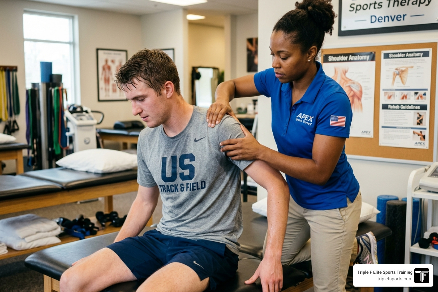Physical therapist performing manual therapy on an athlete's shoulder - Comprehensive sports therapy Physical therapist performing manual therapy on an athlete's shoulder - Comprehensive sports therapy