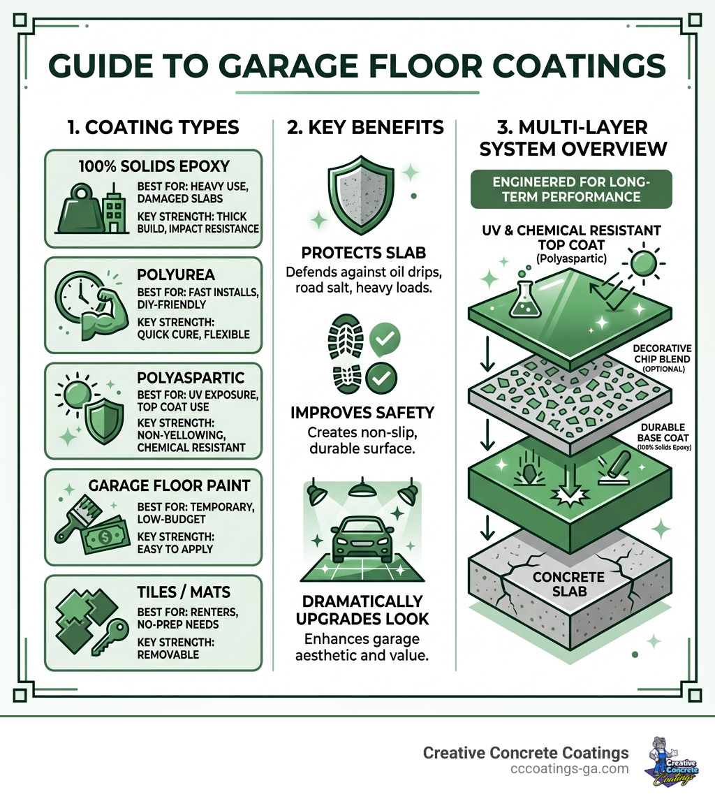 Infographic showing types of garage floor coatings, key benefits, and multi-layer system overview - coatings for garage Infographic showing types of garage floor coatings, key benefits, and multi-layer system overview - coatings for garage