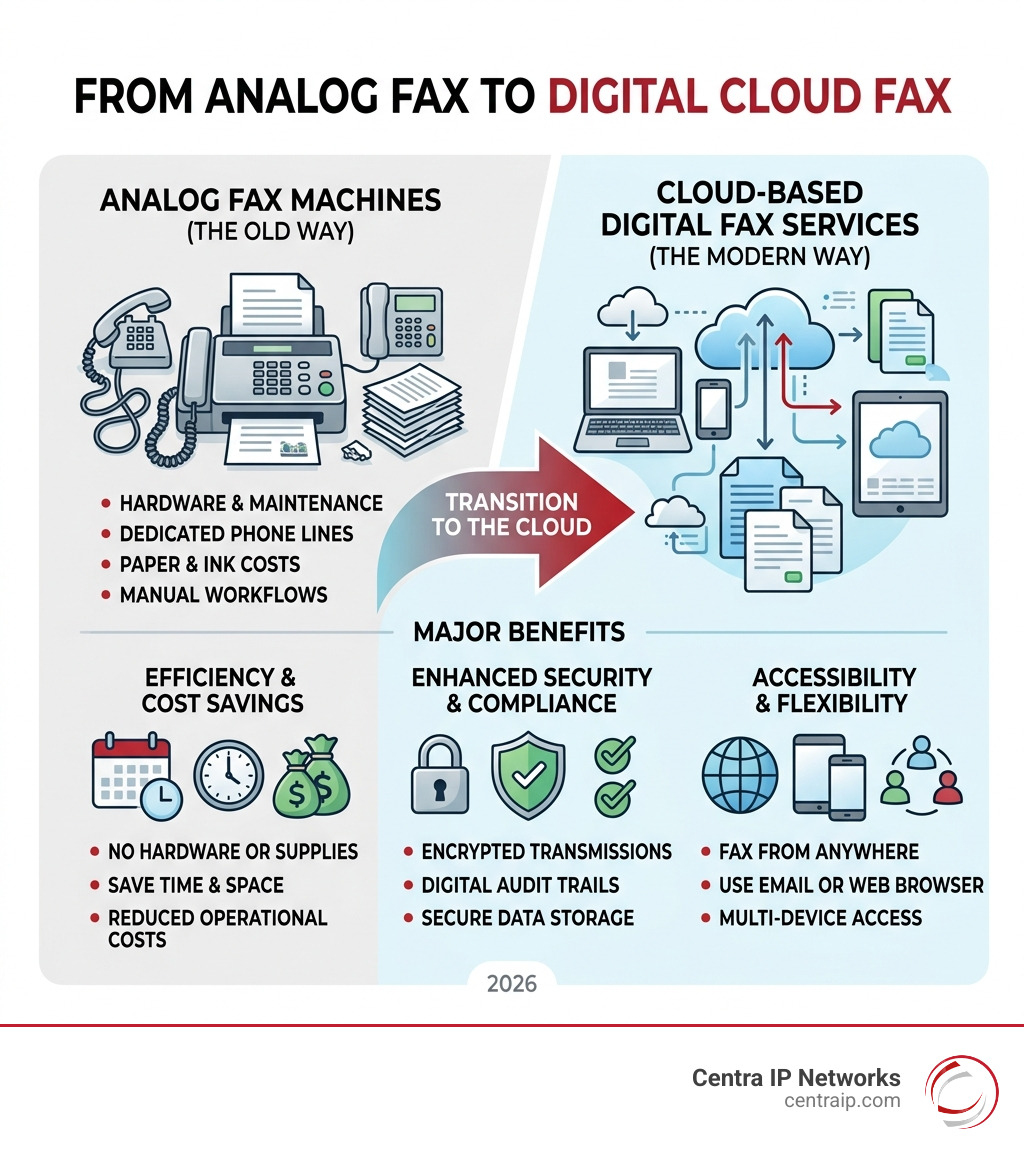 Infographic showing transition from analog fax machines to cloud-based digital fax services with key benefits - digital fax Infographic showing transition from analog fax machines to cloud-based digital fax services with key benefits - digital fax