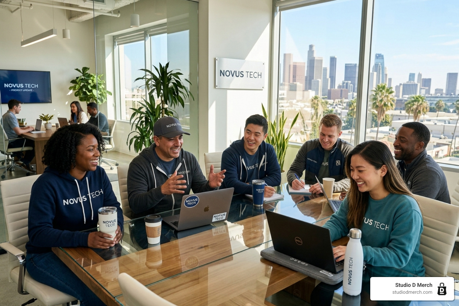 Professional team in Los Angeles using branded office gear and custom apparel - Custom logo gifts