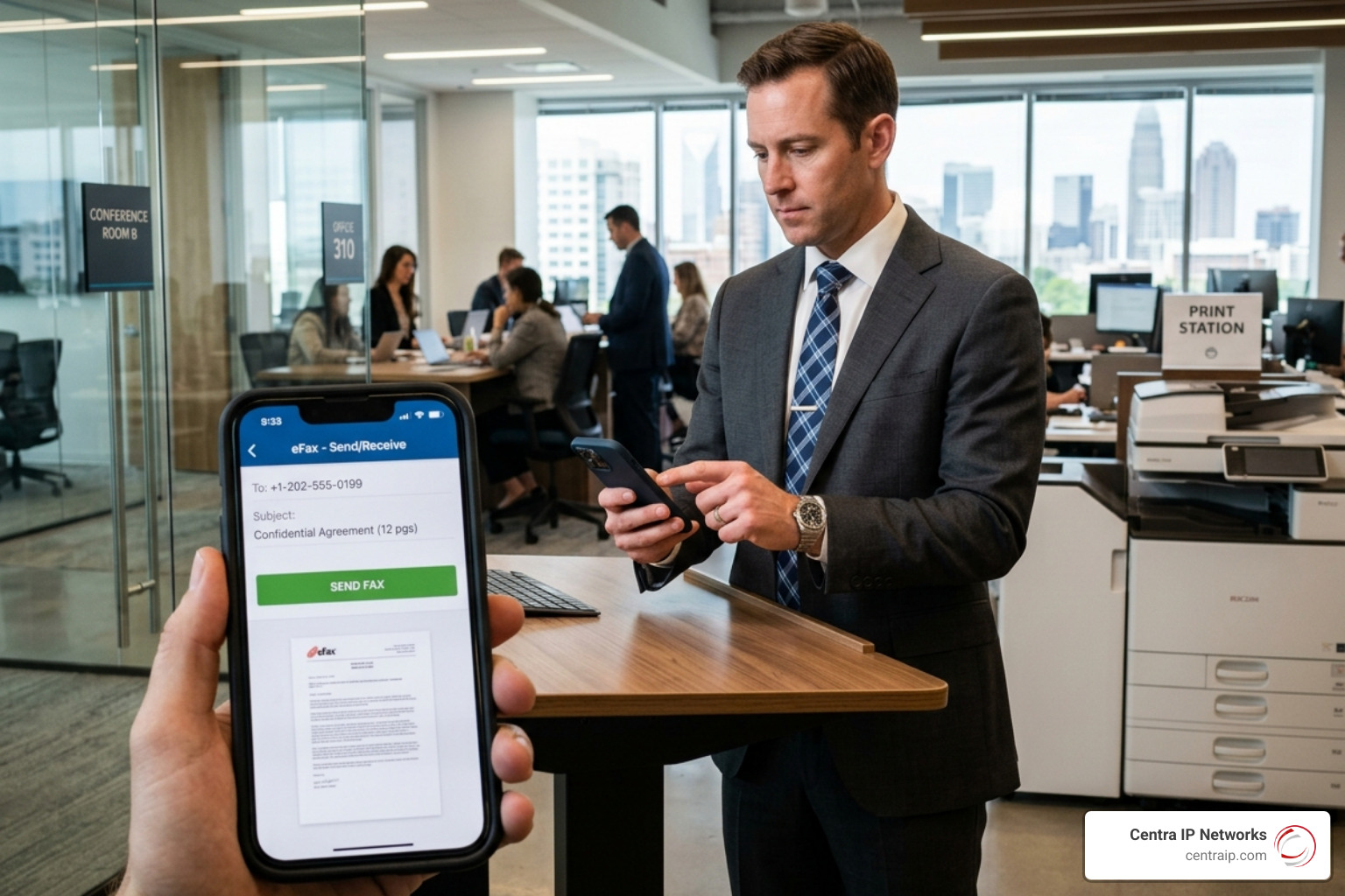 Professional sending a fax via smartphone mobile app - digital fax service Professional sending a fax via smartphone mobile app - digital fax service