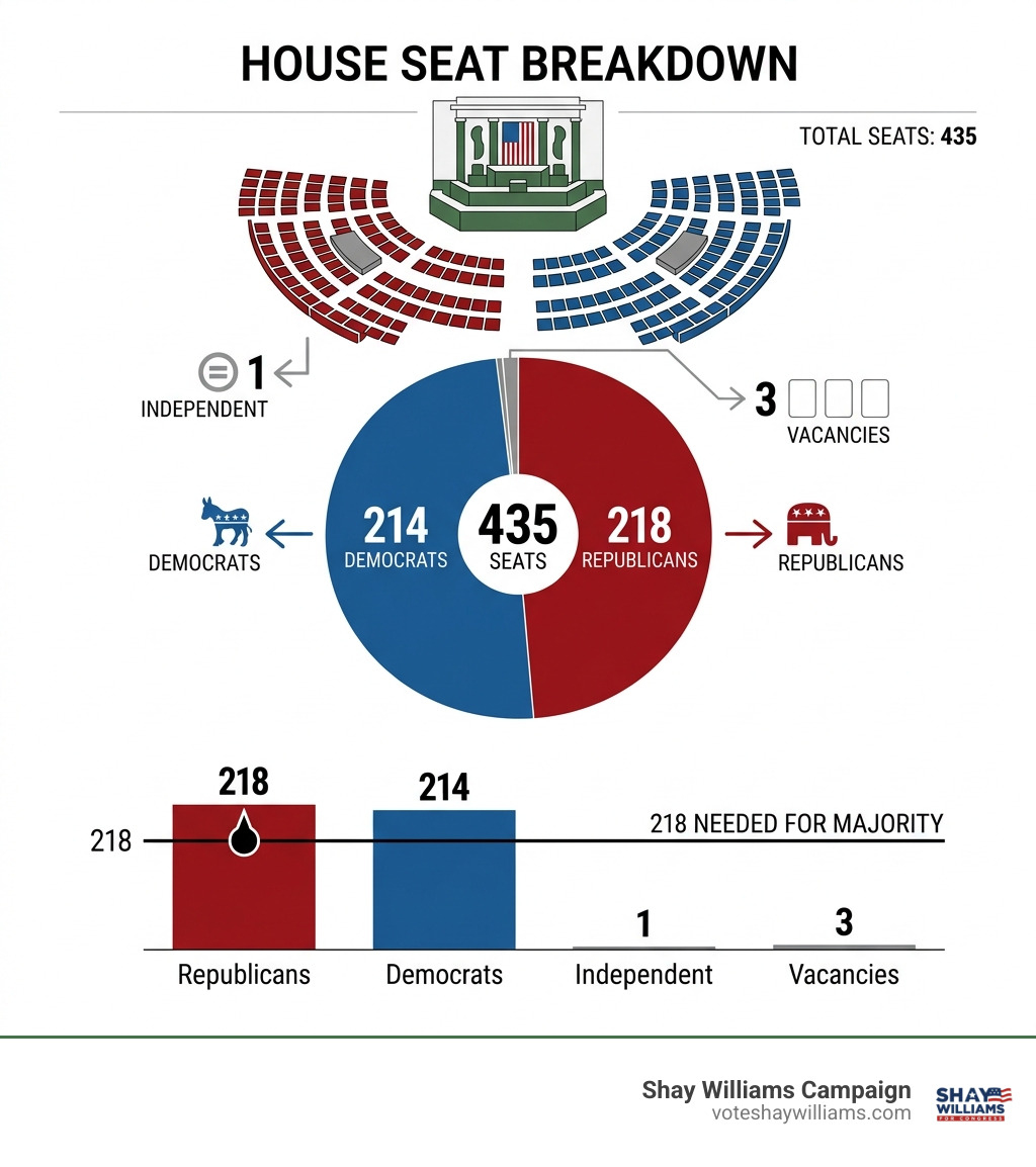 Infographic showing 435-seat House breakdown: 218 Republicans, 214 Democrats, 1 Independent, 3 vacancies, 218 needed for Infographic showing 435-seat House breakdown: 218 Republicans, 214 Democrats, 1 Independent, 3 vacancies, 218 needed for
