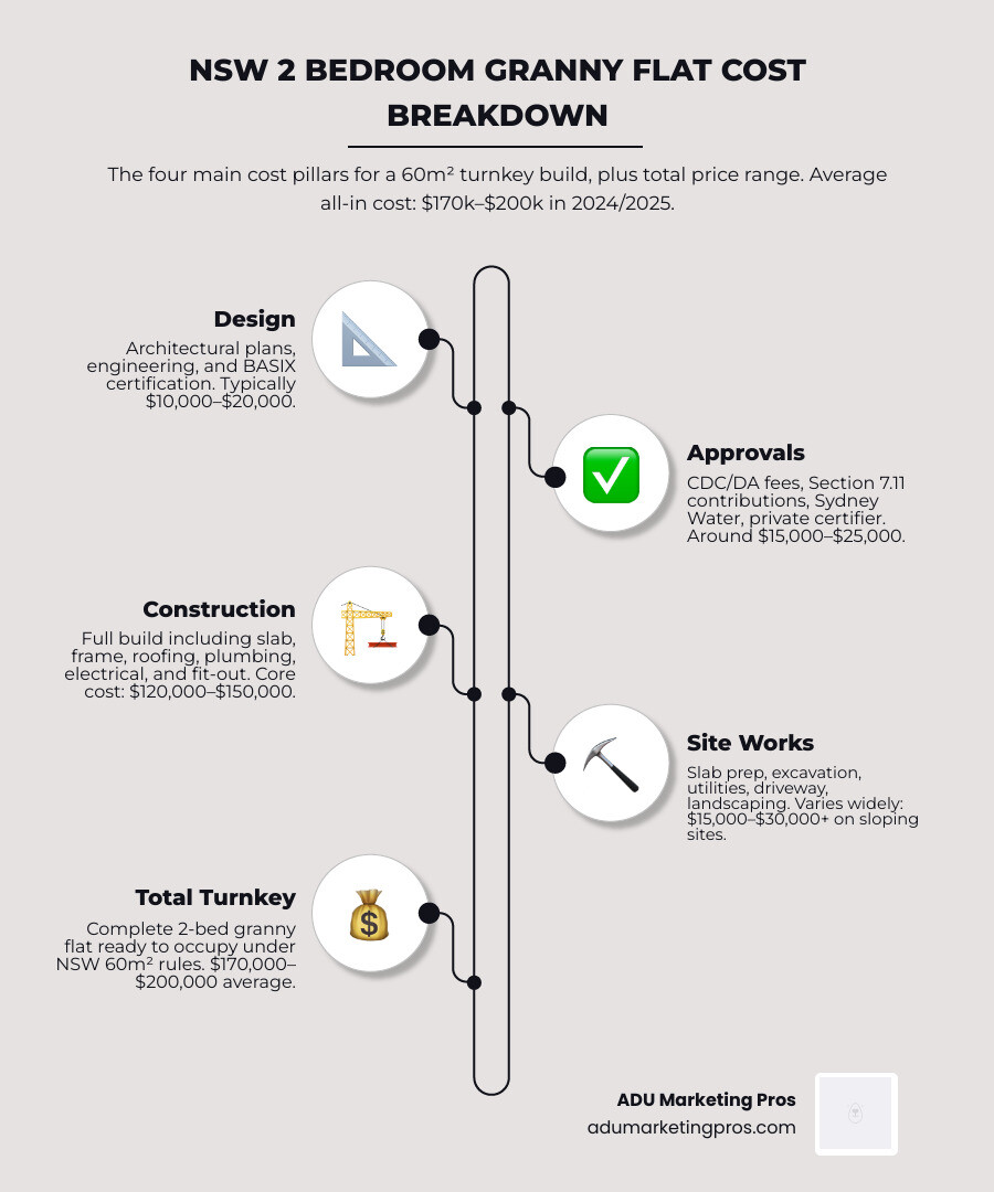 NSW 2 bedroom granny flat cost breakdown infographic: 60m2 size limit, design, approval, construction, site works cost