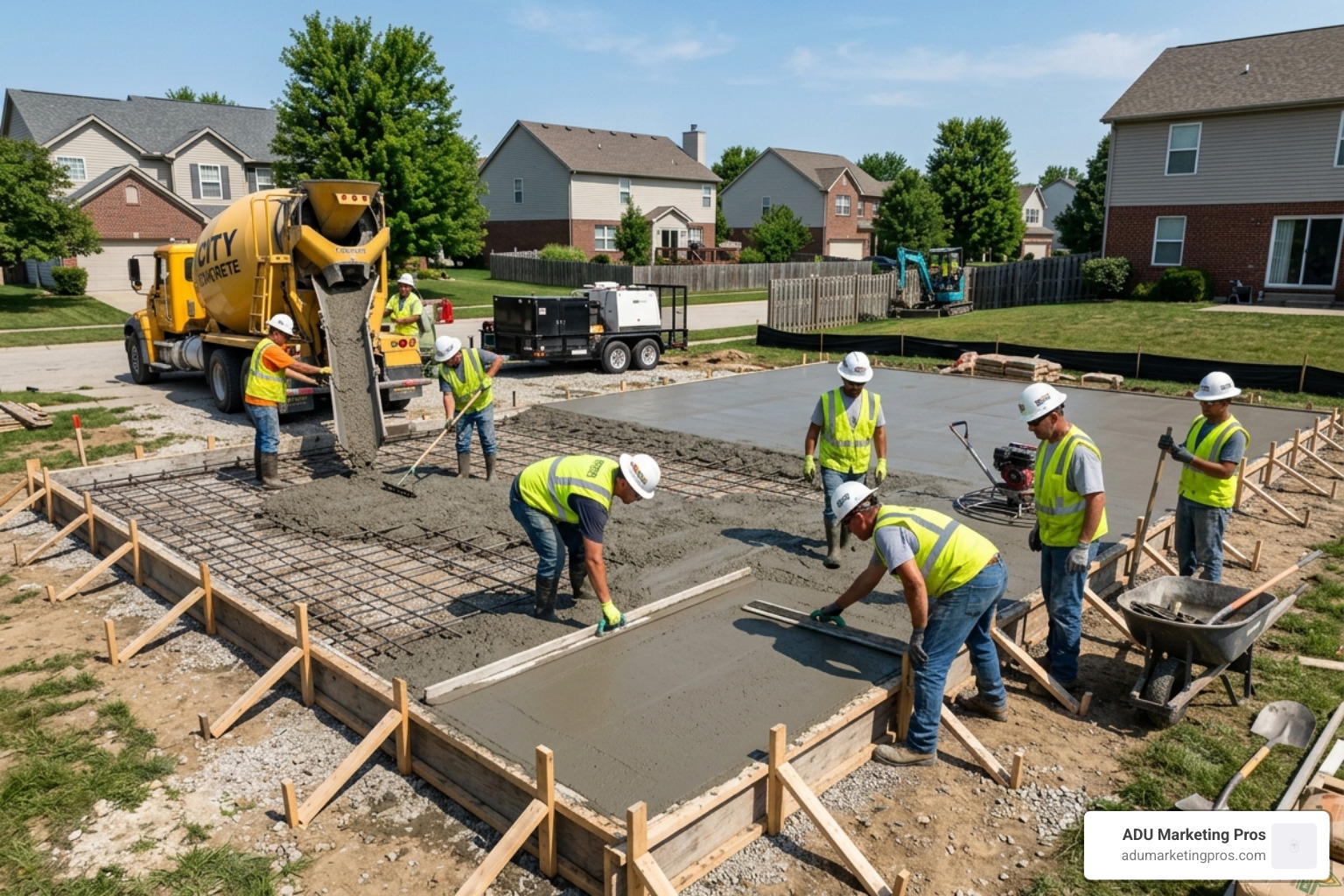 Construction crew preparing a concrete slab foundation on a level residential lot in NSW - 2 bedroom granny flats prices nsw