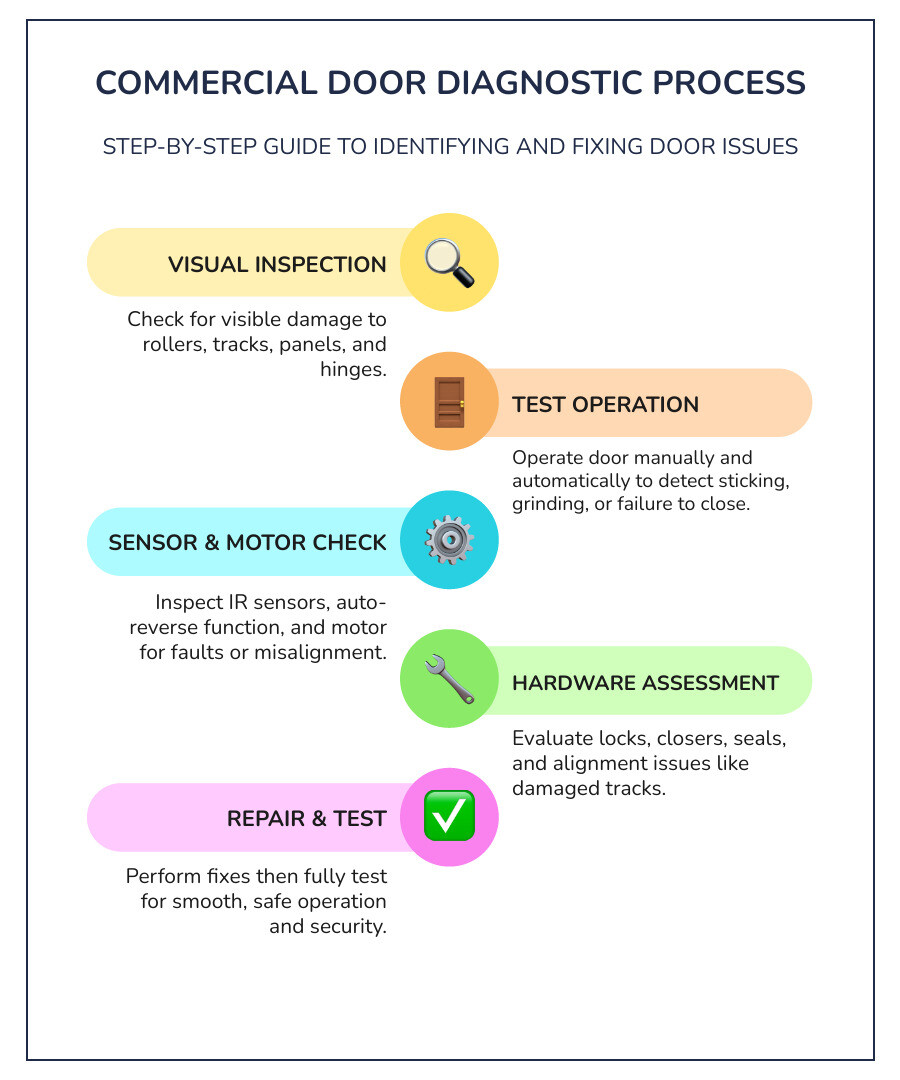 Step-by-step infographic: commercial door diagnostic process from inspection to repair completion - commercial door repairs Step-by-step infographic: commercial door diagnostic process from inspection to repair completion - commercial door repairs