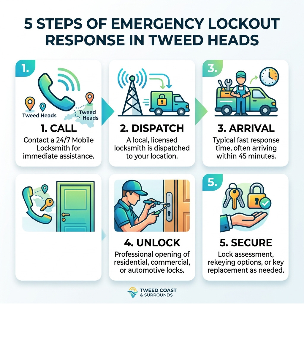 5 steps of emergency lockout response in Tweed Heads showing call, dispatch, arrival, unlock, and secure - locksmith tweed
