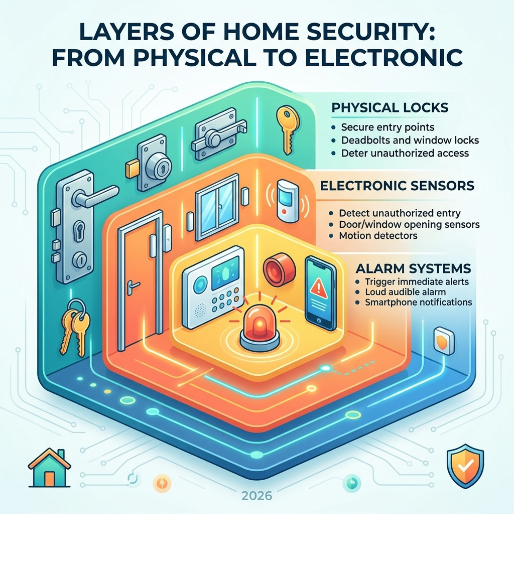 Infographic showing home security layers from physical locks to electronic sensors and alarm systems - simple alarm system