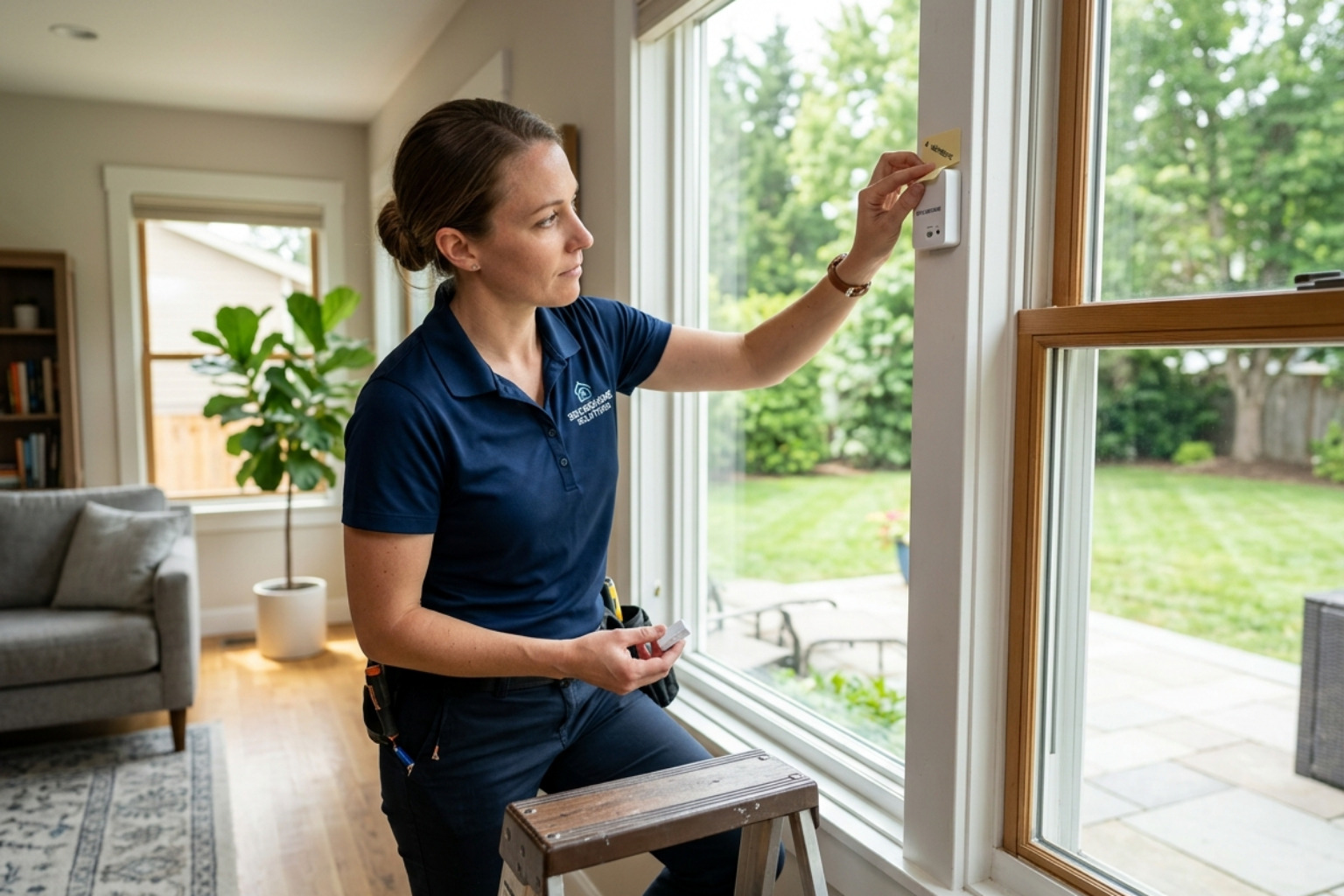 user applying adhesive backing to a window alarm sensor - simple alarm system