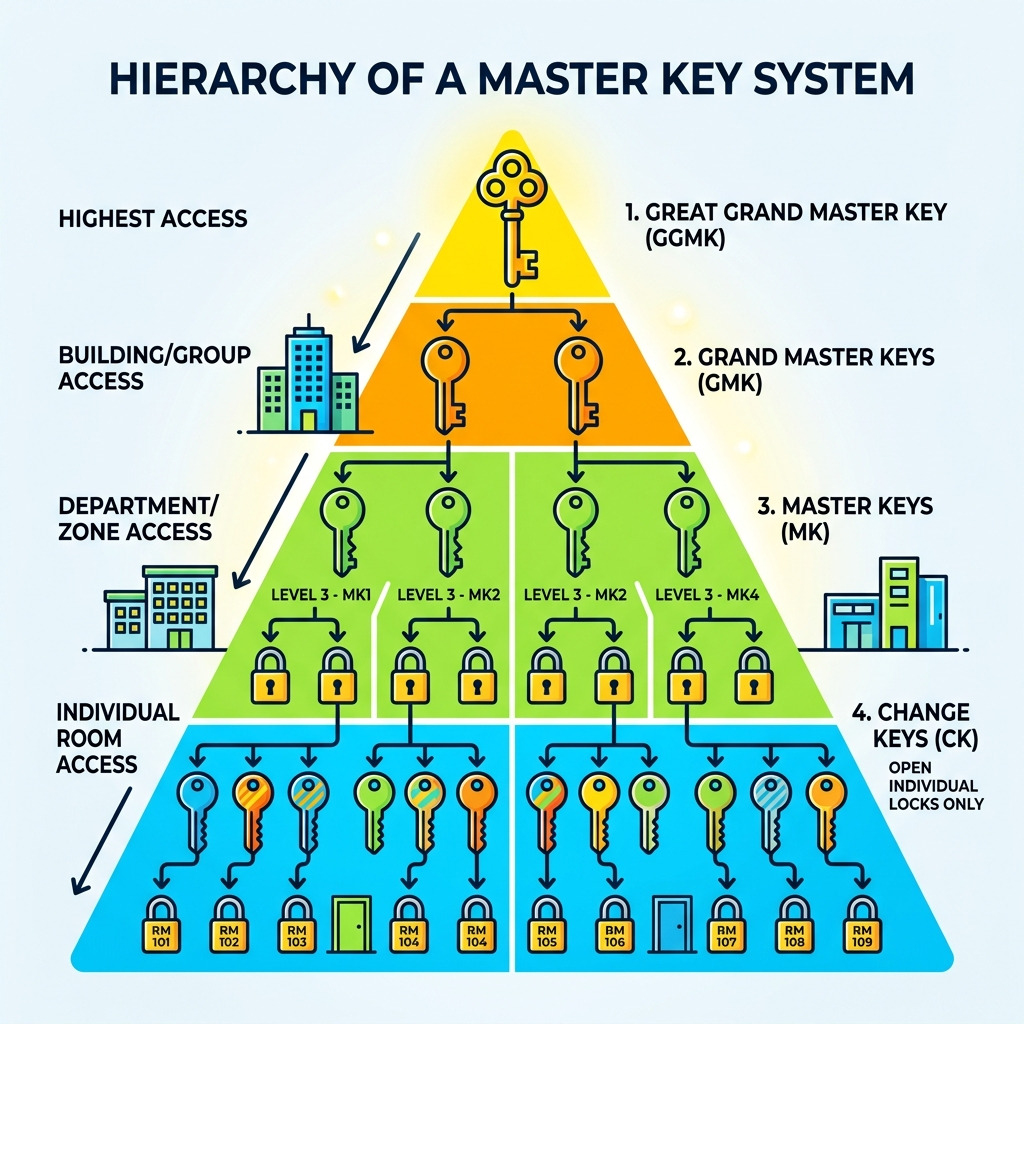 Hierarchy of a master key system from change keys to great grand master key - keying schedule infographic Hierarchy of a master key system from change keys to great grand master key - keying schedule infographic