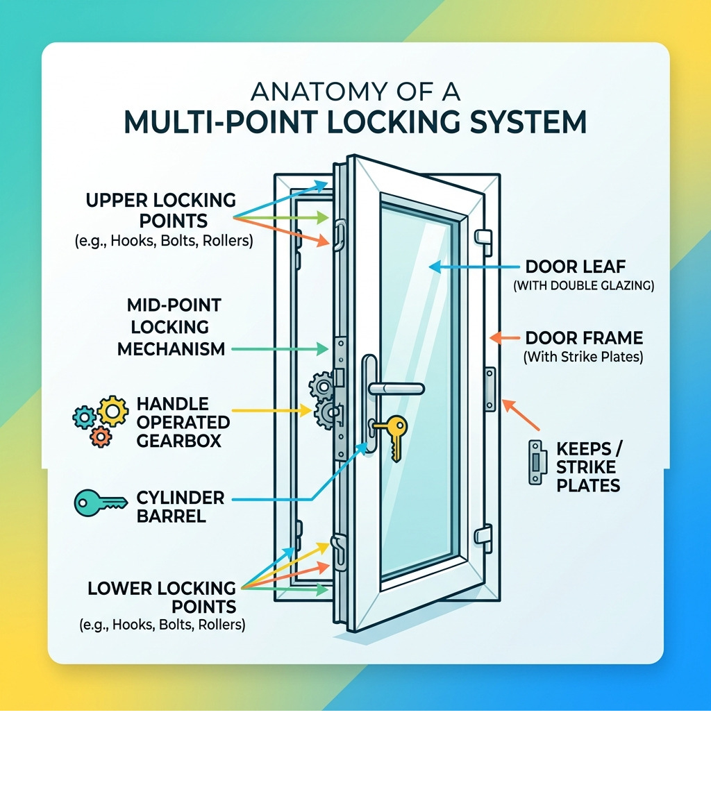 anatomy of a multi-point locking system for double glazed doors with labeled components - double glazed door lock repairs