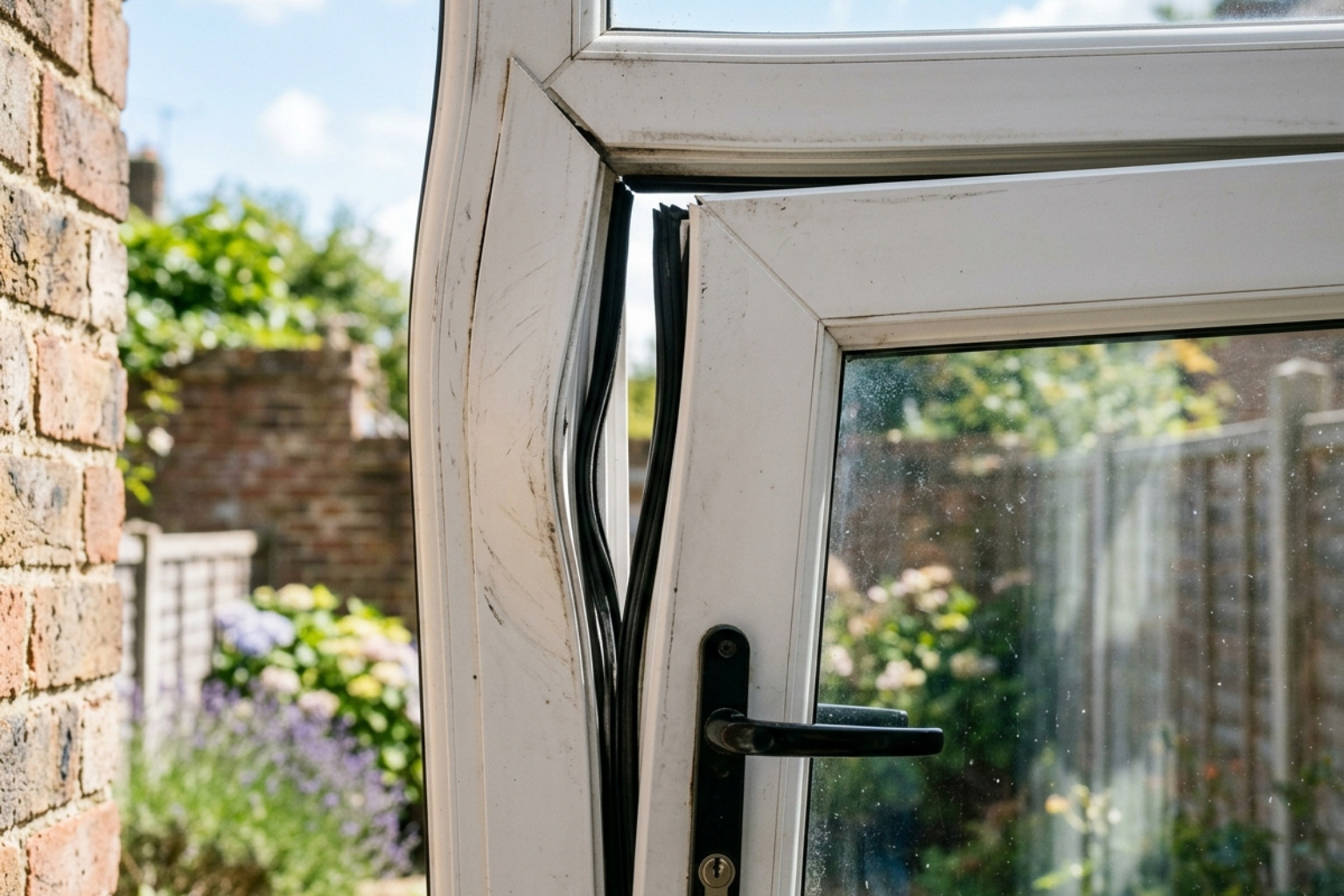 warped uPVC door frame showing misalignment from heat - double glazed door lock repairs
