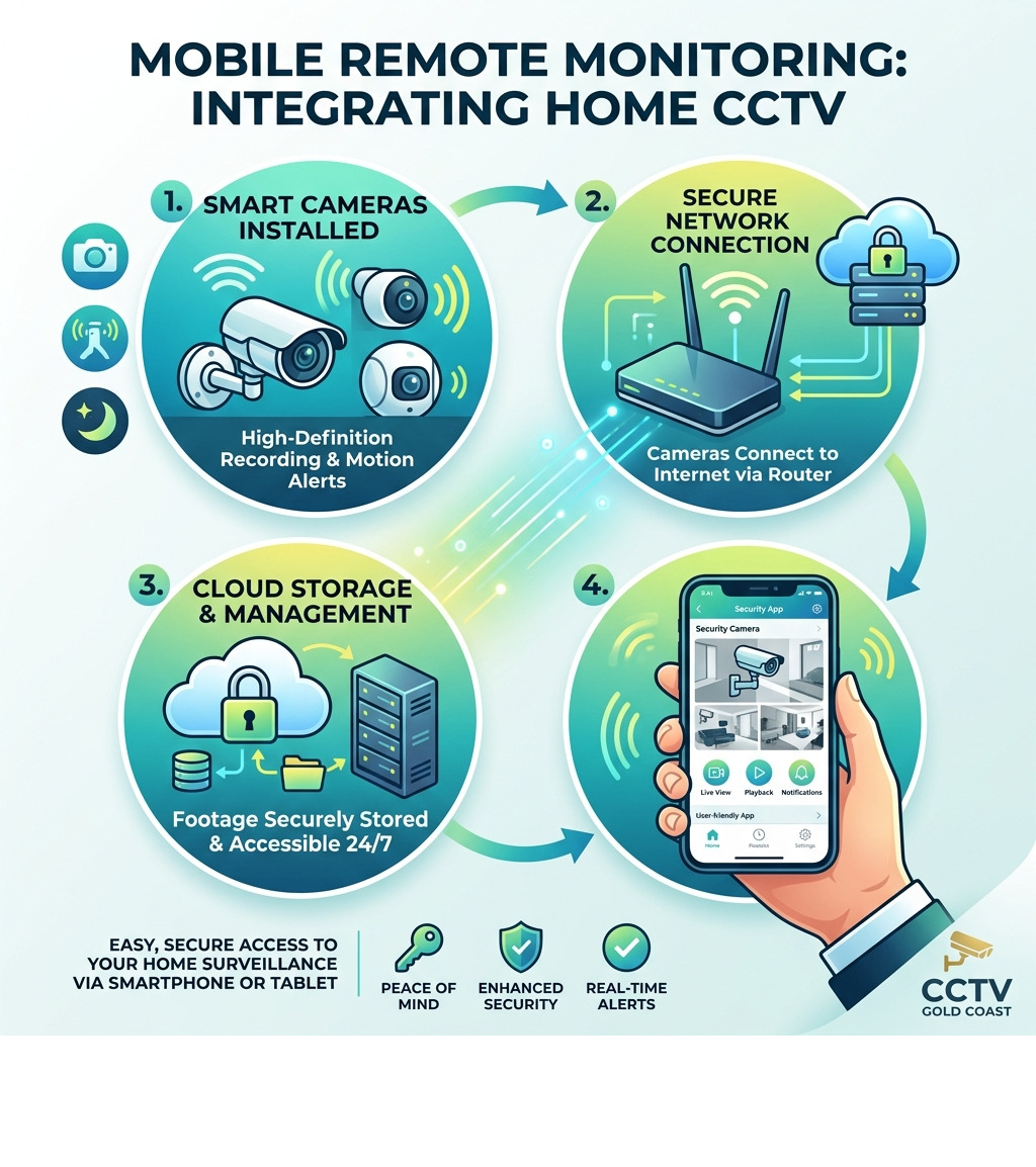 Infographic showing how a home CCTV system integrates with mobile devices for remote monitoring - security cameras gold