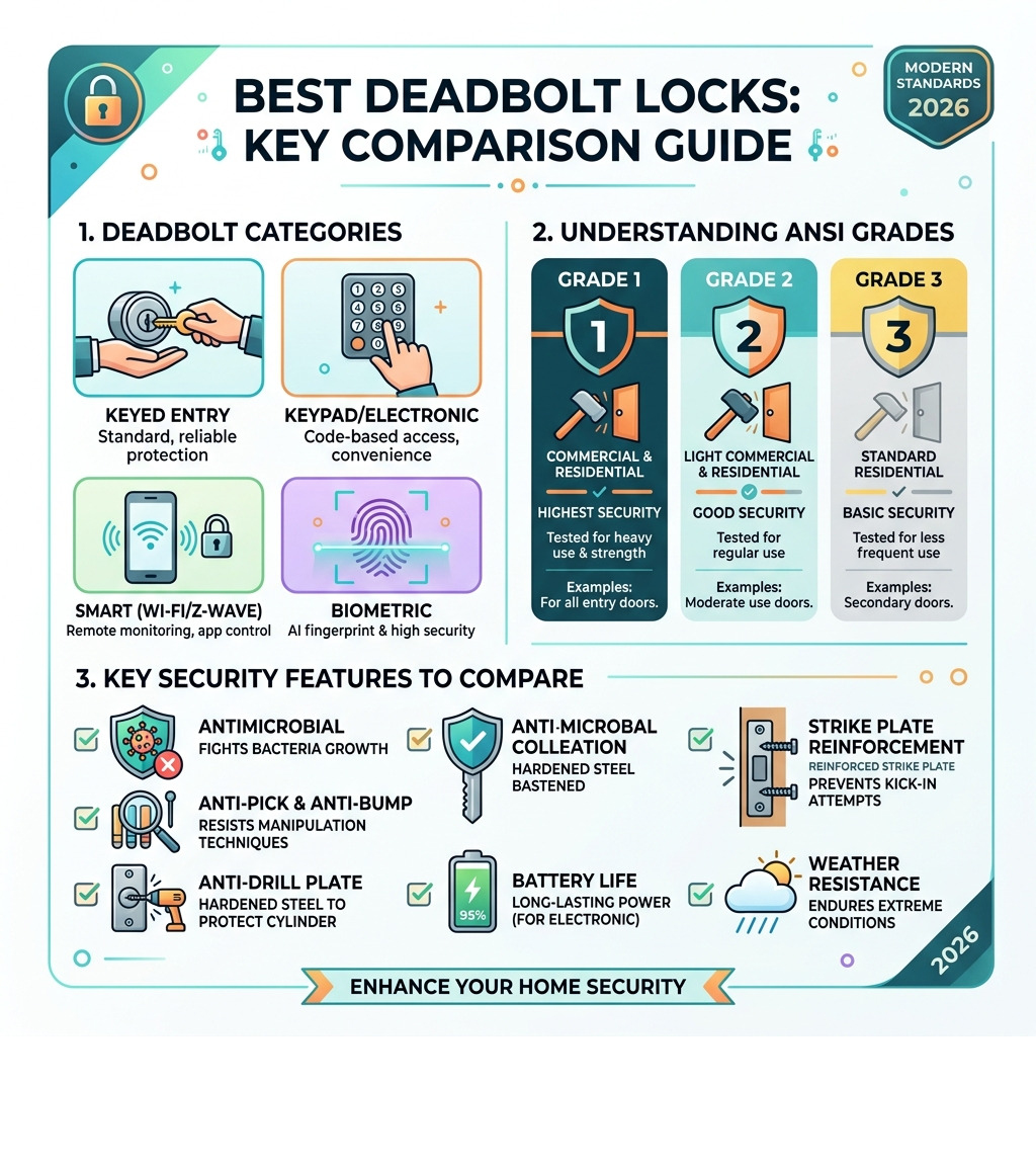 Infographic showing best deadbolt lock categories, ANSI grades, and key security features to compare - best deadbolt locks Infographic showing best deadbolt lock categories, ANSI grades, and key security features to compare - best deadbolt locks