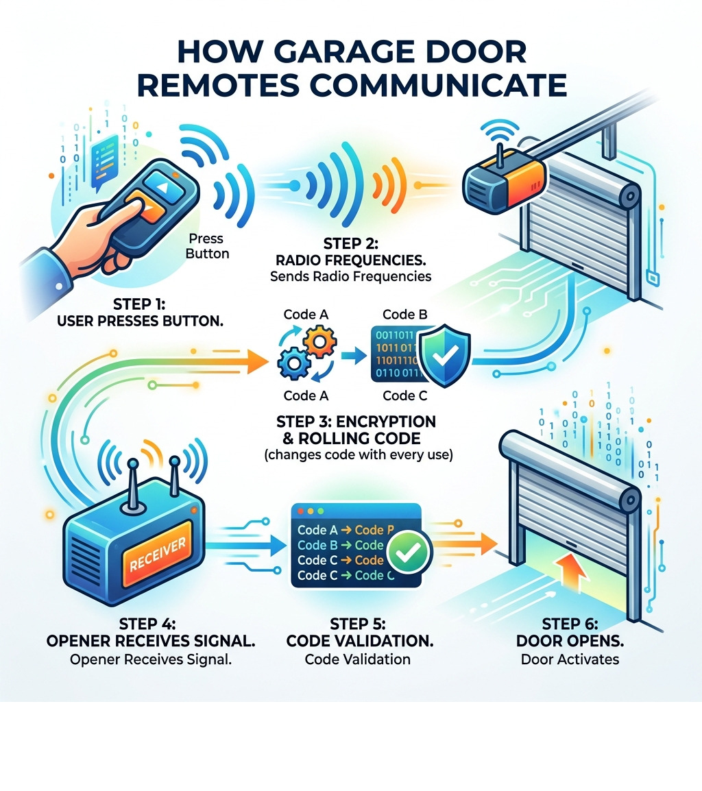 How garage door remotes communicate with openers using radio frequencies and rolling code technology - garage door remotes