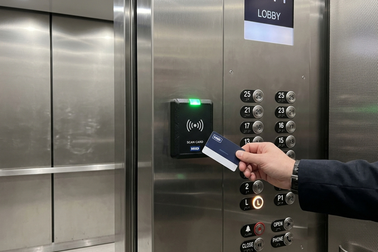 RFID reader installed inside an elevator cab - elevator access control