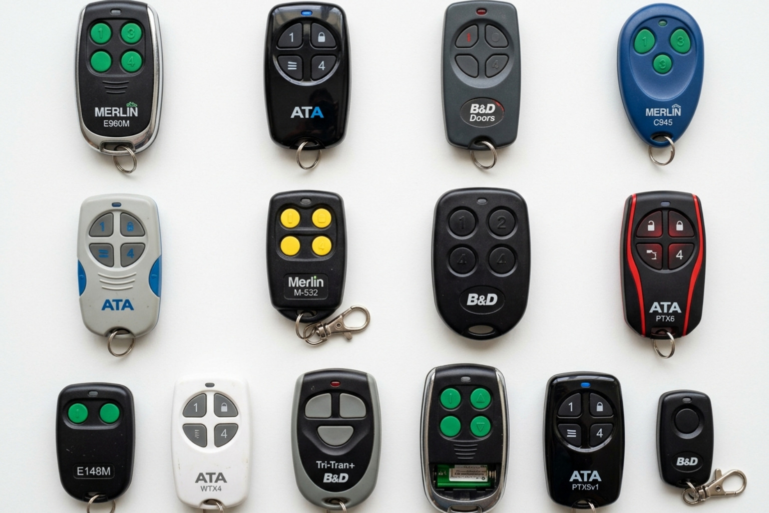 A collection of various garage door remote models from major brands like Merlin, ATA, and B&D - garage door remotes Gold