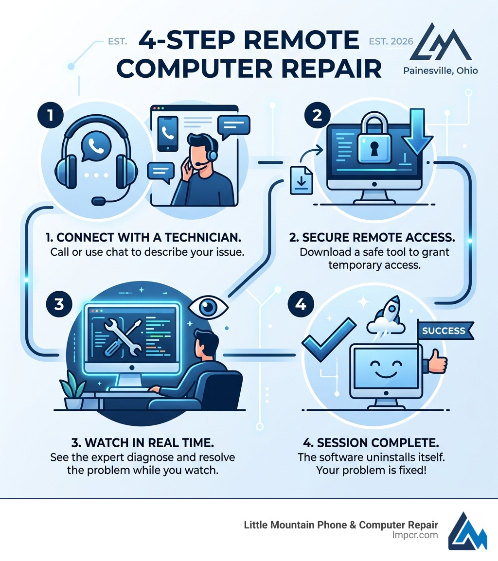 4-step remote computer repair process: call, connect, watch fix, done - computer repair by phone infographic 