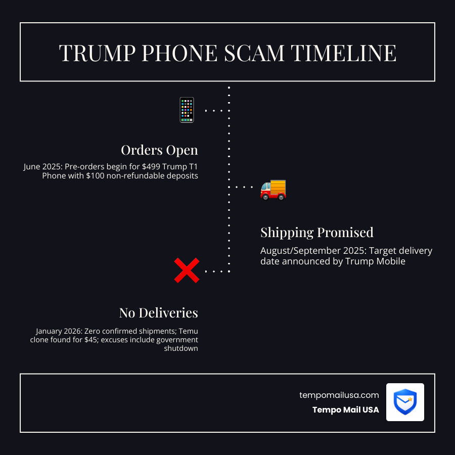 Trump phone scam timeline: orders June 2025, promised shipping August 2025, no deliveries by January 2026, Temu lookalike Trump phone scam timeline: orders June 2025, promised shipping August 2025, no deliveries by January 2026, Temu lookalike