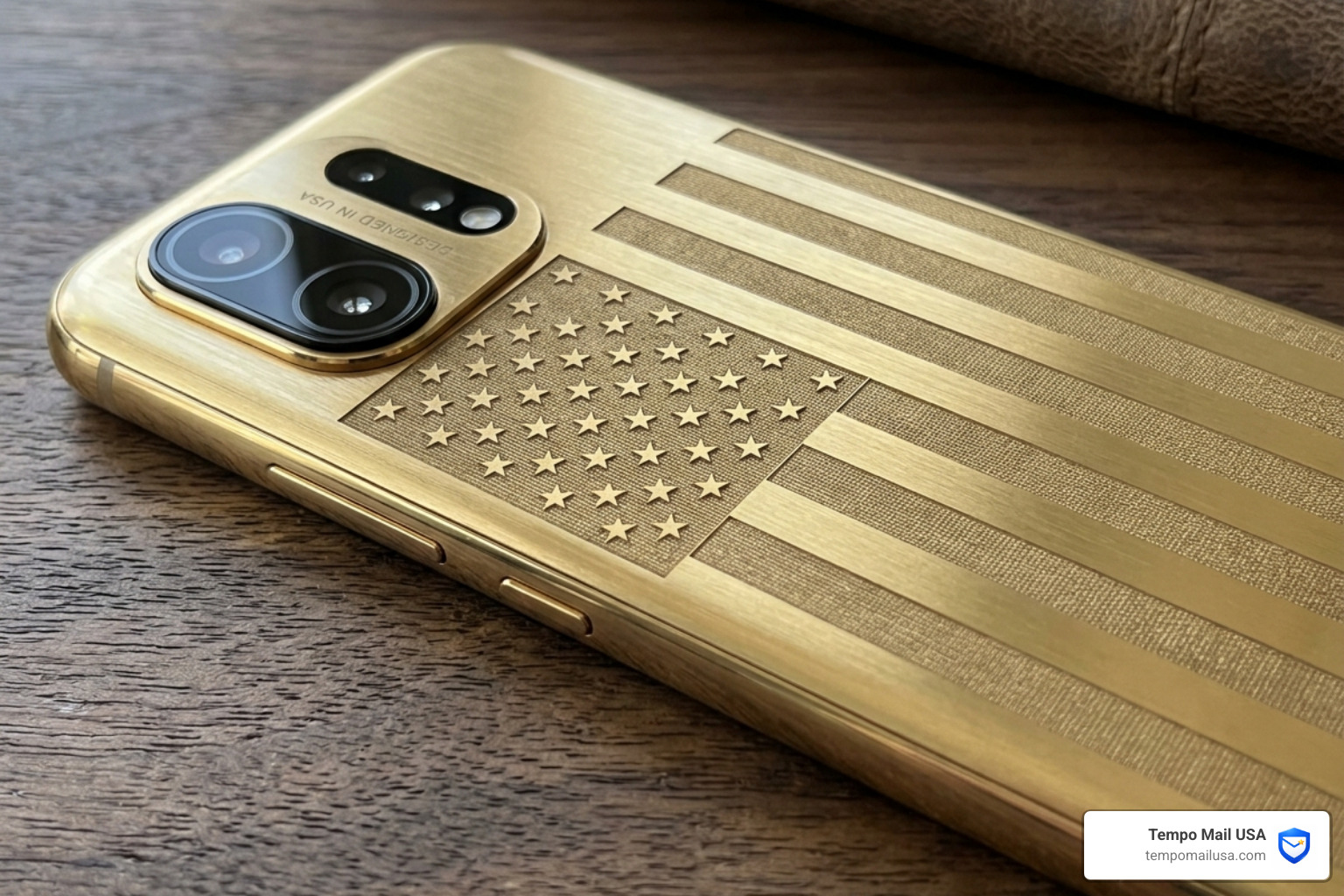 Laser-engraved American flag on the back of a gold-colored smartphone - trump phone scam Laser-engraved American flag on the back of a gold-colored smartphone - trump phone scam