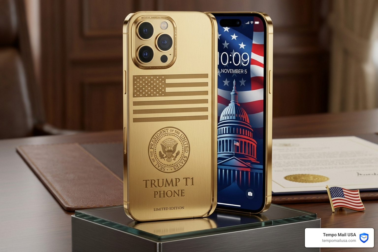 Trump T1 Phone marketing showing a gold-finished smartphone with American flag engraving - trump phone scam Trump T1 Phone marketing showing a gold-finished smartphone with American flag engraving - trump phone scam