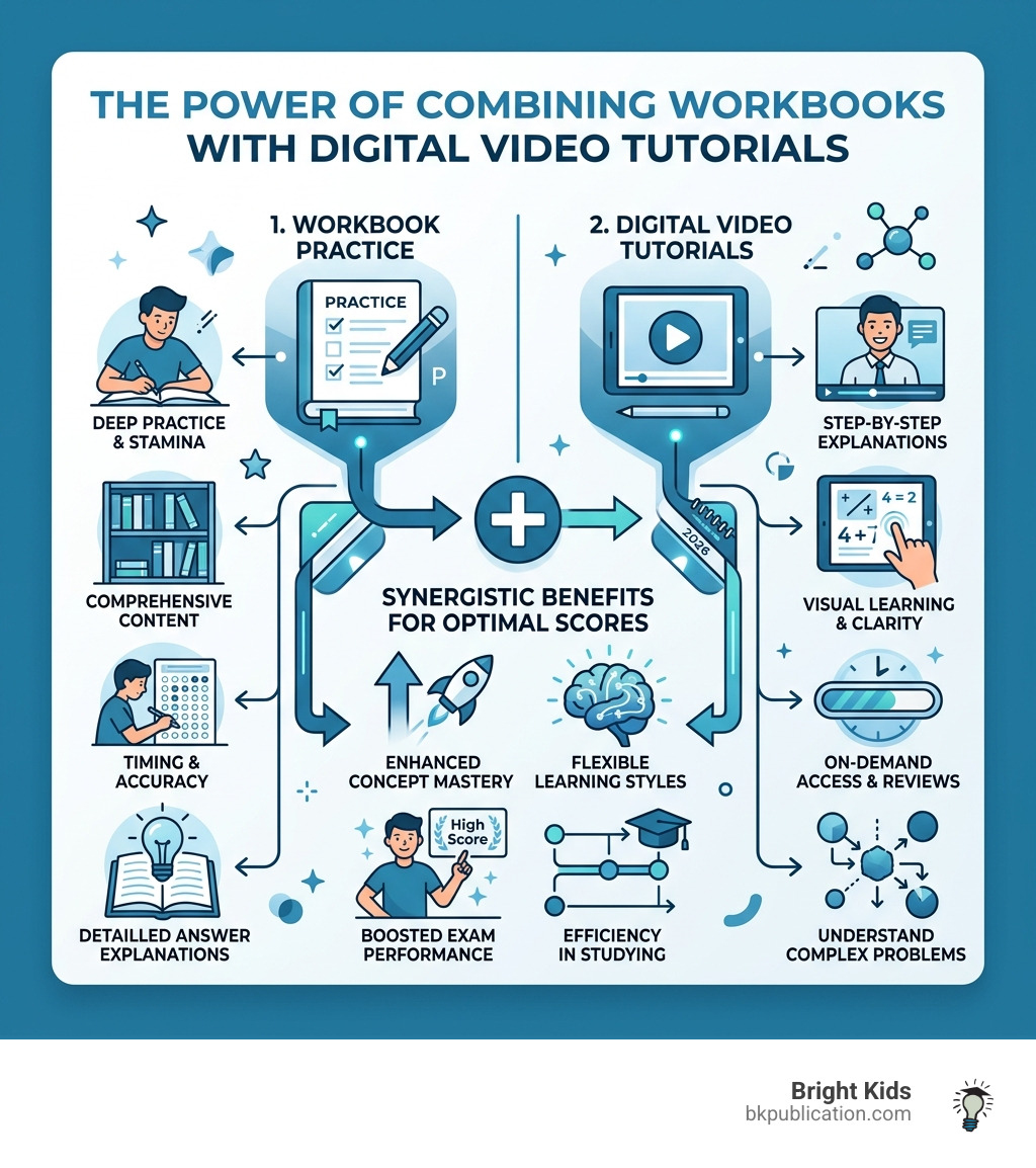 Infographic showing the benefits of combining workbooks with digital video tutorials - isee lower practice workbook