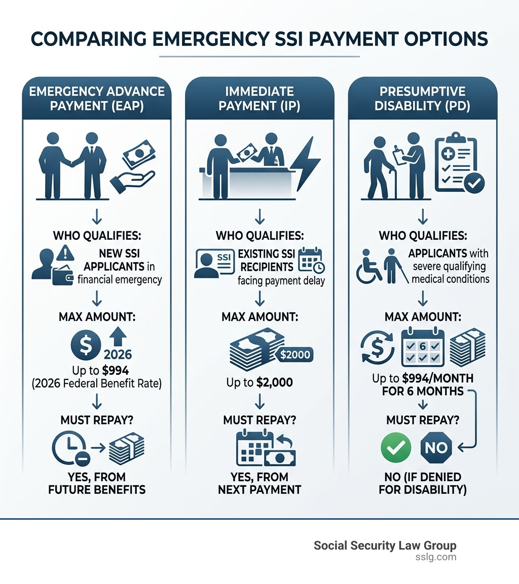 Infographic comparing Emergency Advance Payment, Immediate Payment, and Presumptive Disability SSI options - one-time Infographic comparing Emergency Advance Payment, Immediate Payment, and Presumptive Disability SSI options - one-time