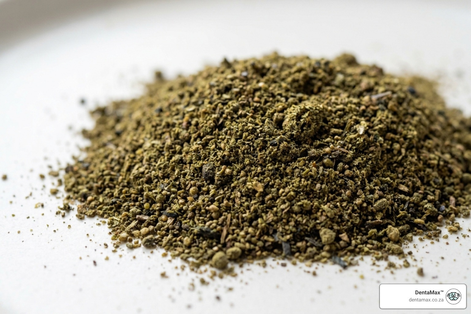 Fine green-brown seaweed powder close up showing texture - ascophyllum nodosum powder