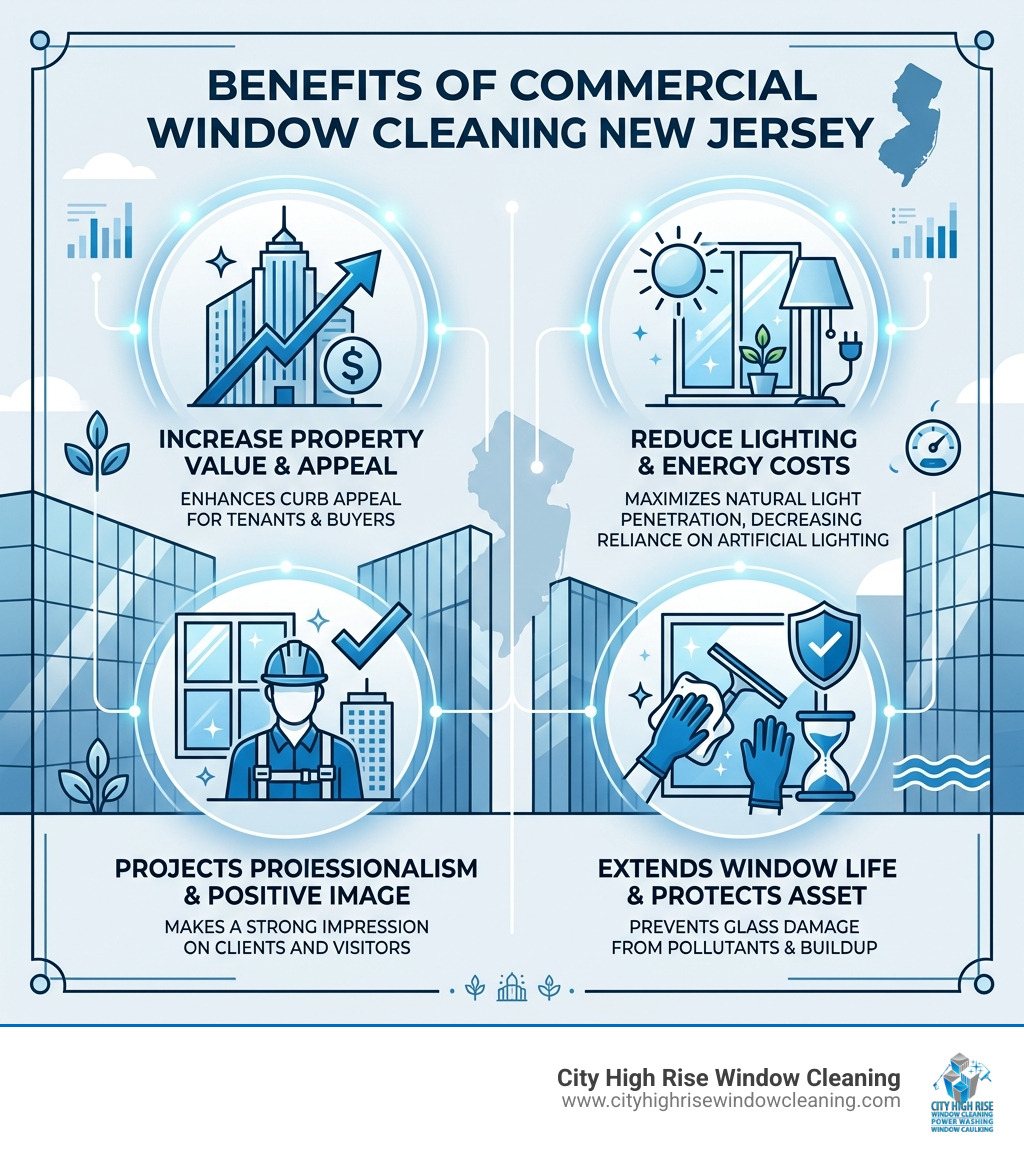 Infographic showing benefits of commercial window cleaning New Jersey including property value and lighting cost savings Infographic showing benefits of commercial window cleaning New Jersey including property value and lighting cost savings