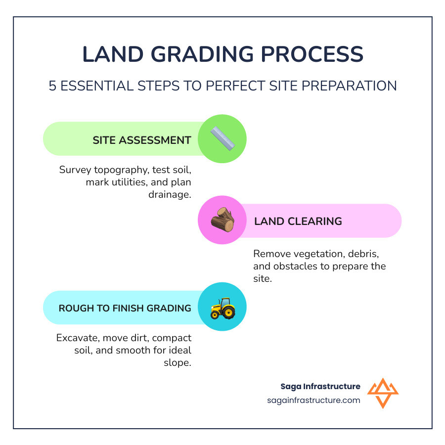 5-step land grading process infographic showing site assessment, clearing, rough grading, compaction, and finish grading 5-step land grading process infographic showing site assessment, clearing, rough grading, compaction, and finish grading