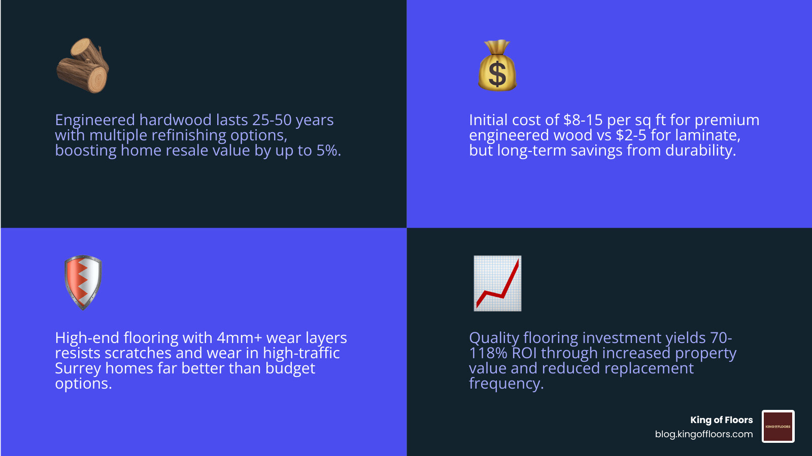 Infographic showing ROI of high quality flooring types for Surrey homeowners: cost vs lifespan vs resale value - high