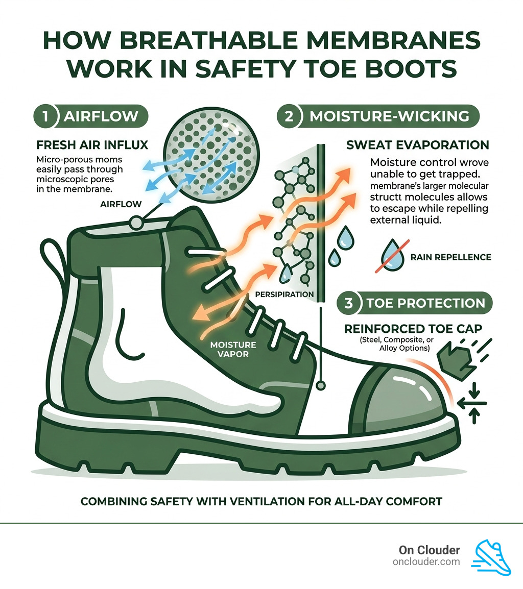 How breathable membranes work in safety toe work boots — airflow, moisture-wicking, and toe protection - breathable safety