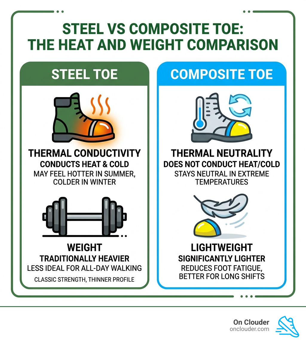 Comparison of steel vs composite toe materials for heat and weight - breathable safety toe boots infographic 