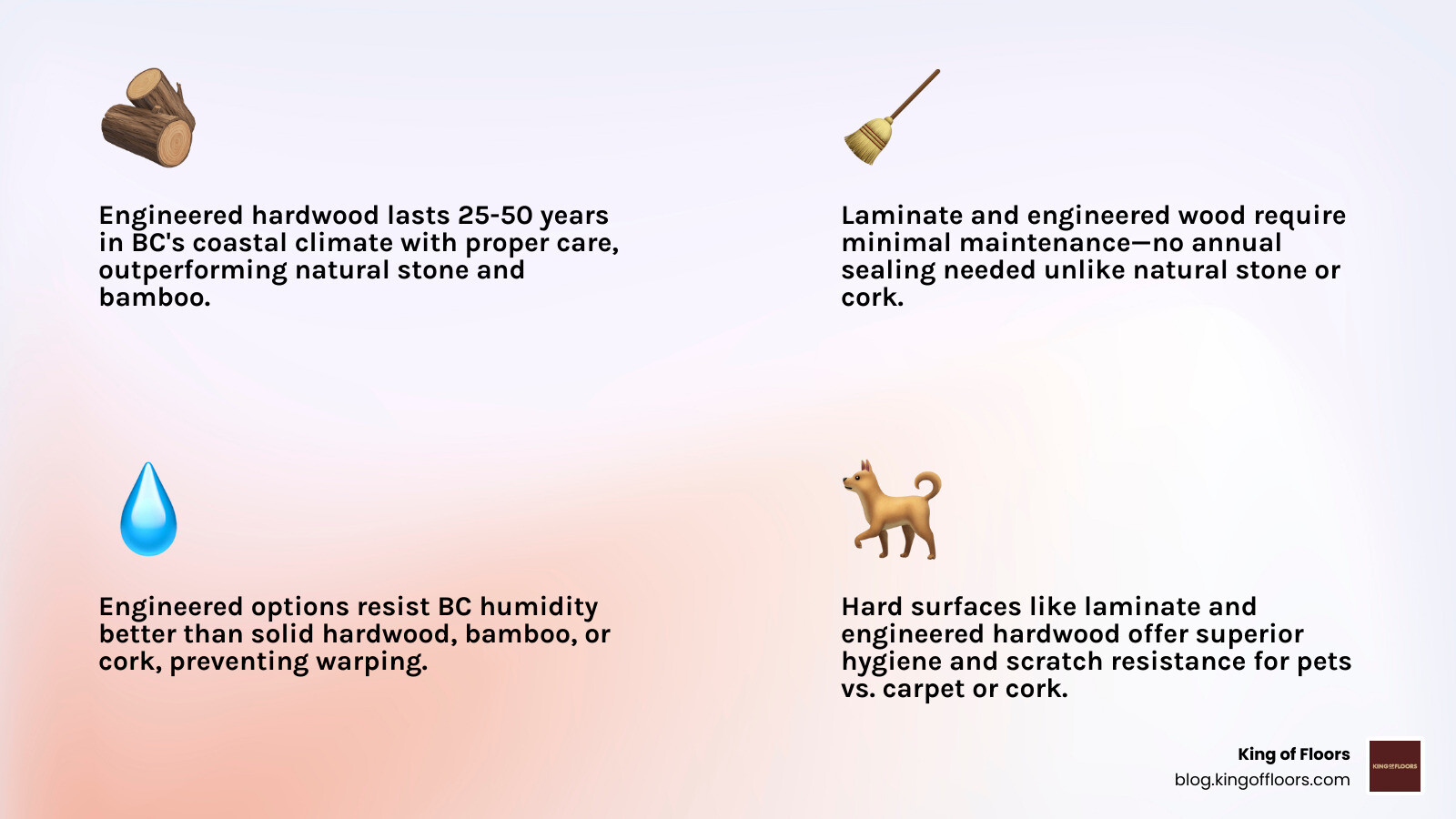 Infographic comparing the lifespan of popular flooring types in BC coastal climate - most popular flooring in new homes
