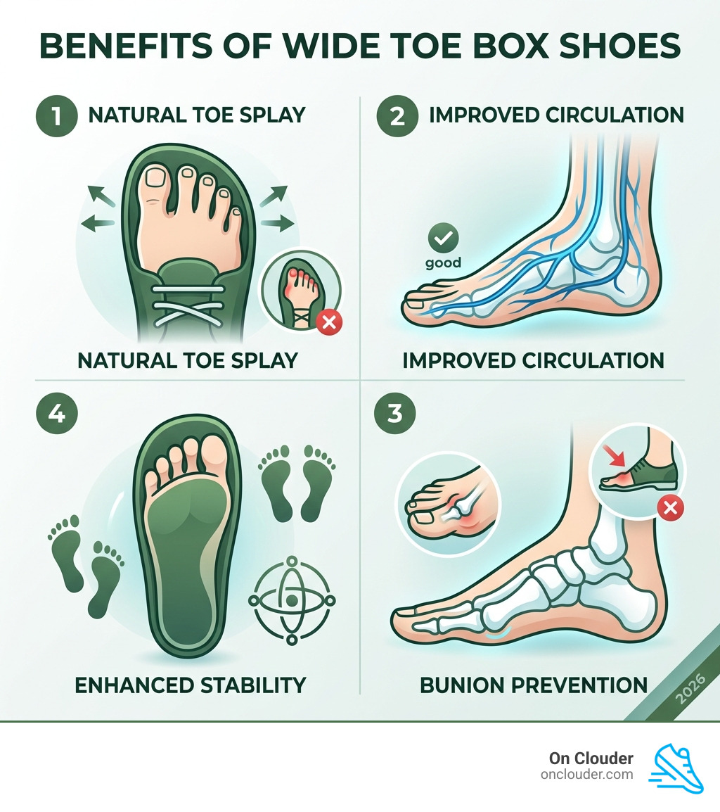 Benefits of wide toe box shoes infographic showing toe splay, circulation, bunion prevention, and stability - women's wide Benefits of wide toe box shoes infographic showing toe splay, circulation, bunion prevention, and stability - women's wide