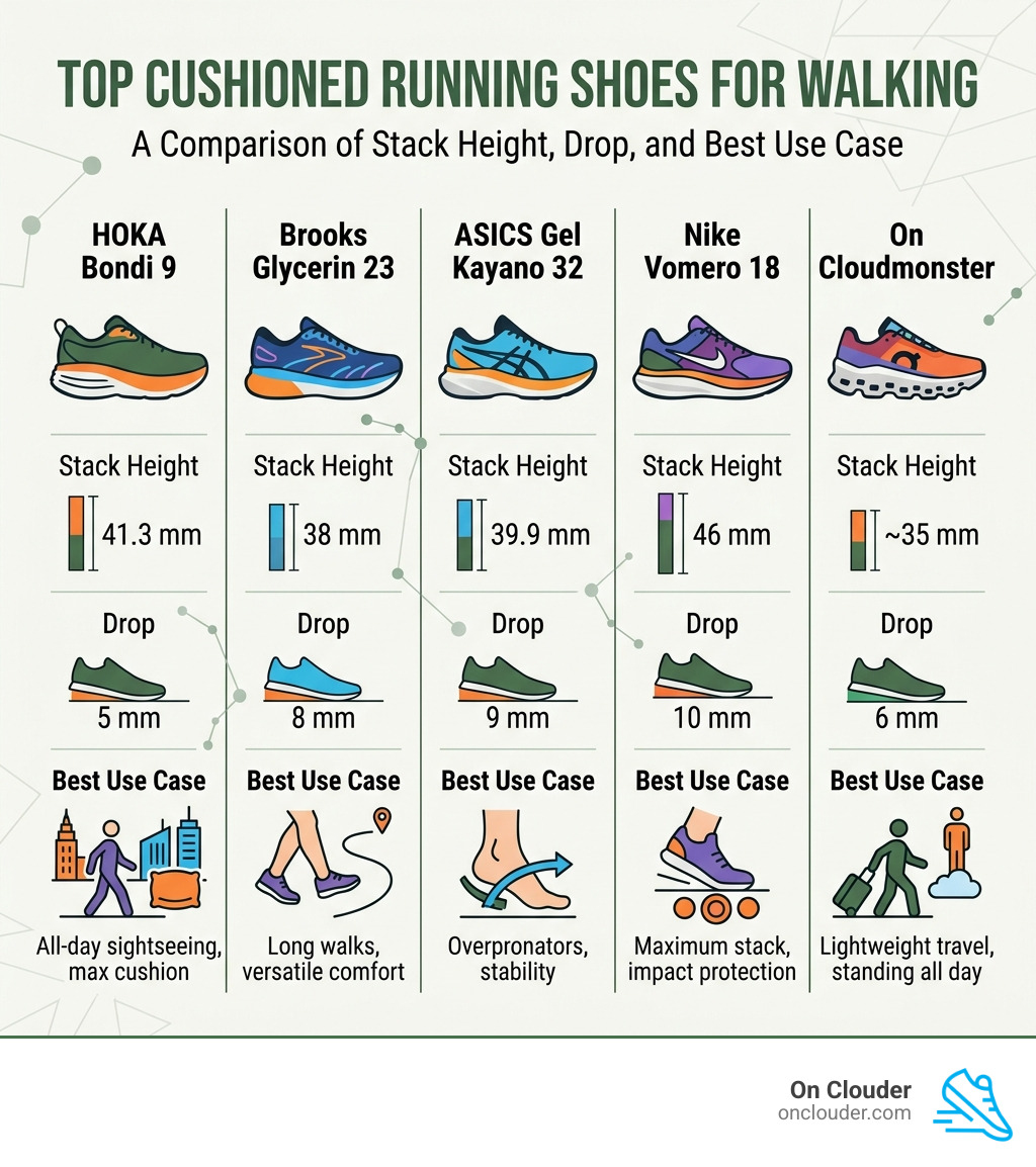 infographic comparing top cushioned running shoes for walking: stack height, drop, and best use case - best cushioned