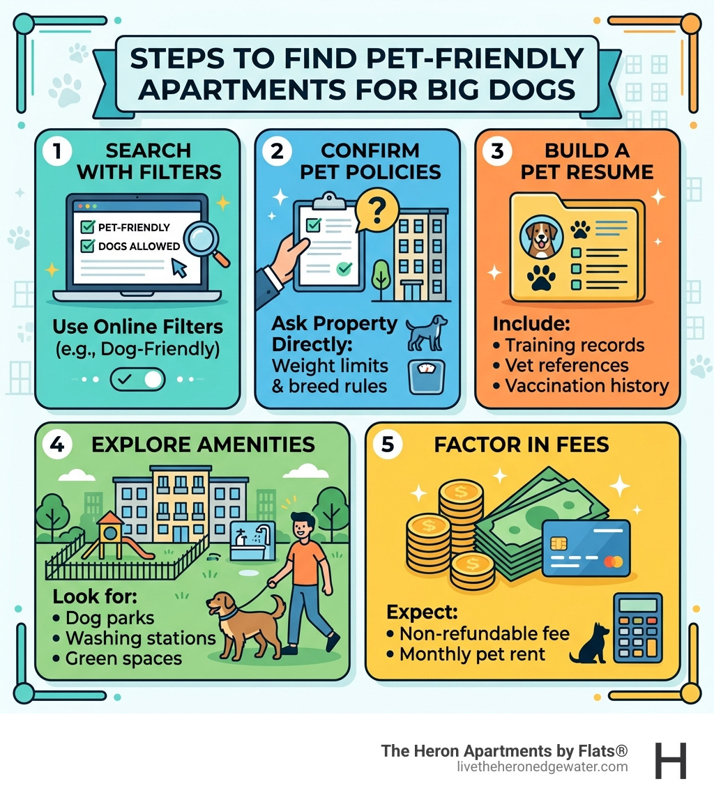 Infographic showing steps to find pet-friendly apartments for big dogs, including search tips, pet resume, policies, and Infographic showing steps to find pet-friendly apartments for big dogs, including search tips, pet resume, policies, and