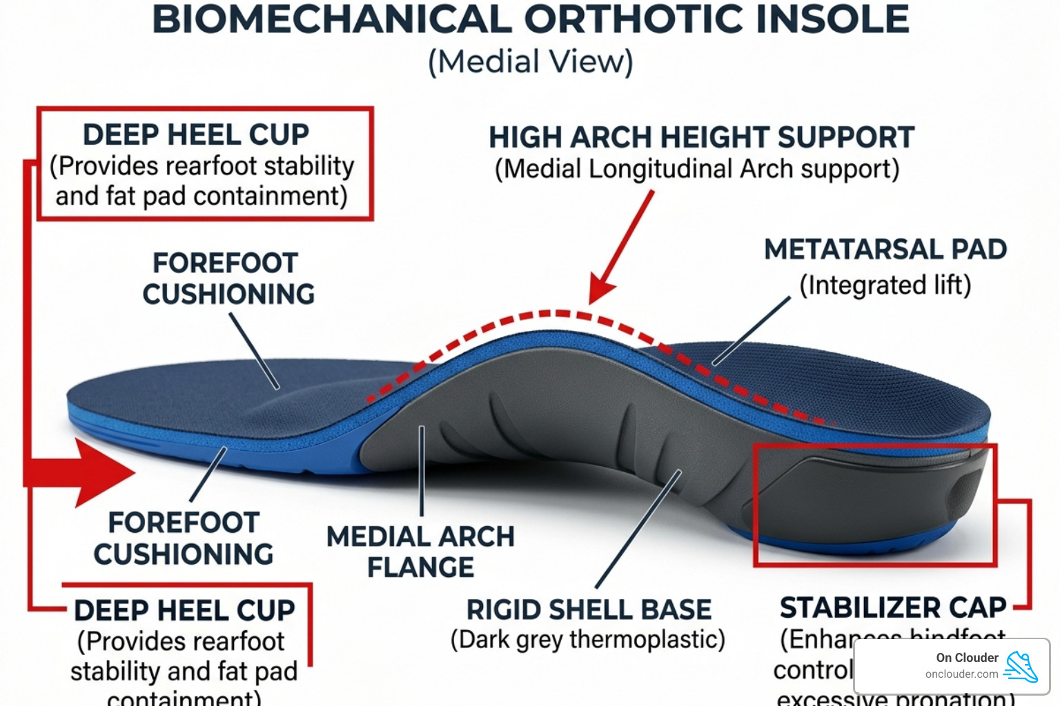Anatomy of an orthotic insole showing heel cup, arch height, and stabilizer cap - high arch boot inserts