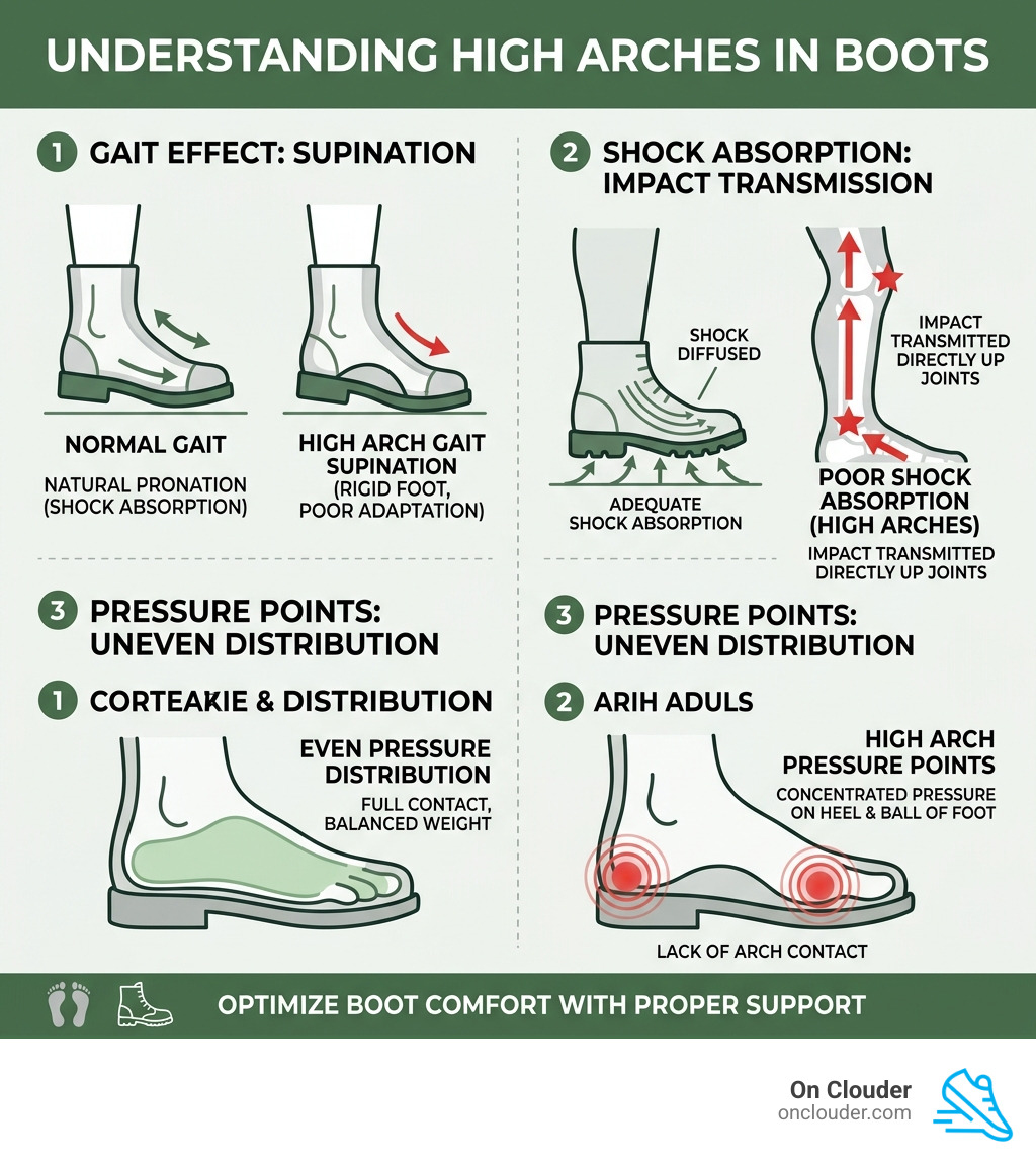 Infographic showing how high arches affect gait, shock absorption, and pressure points in boots - high arch boot inserts