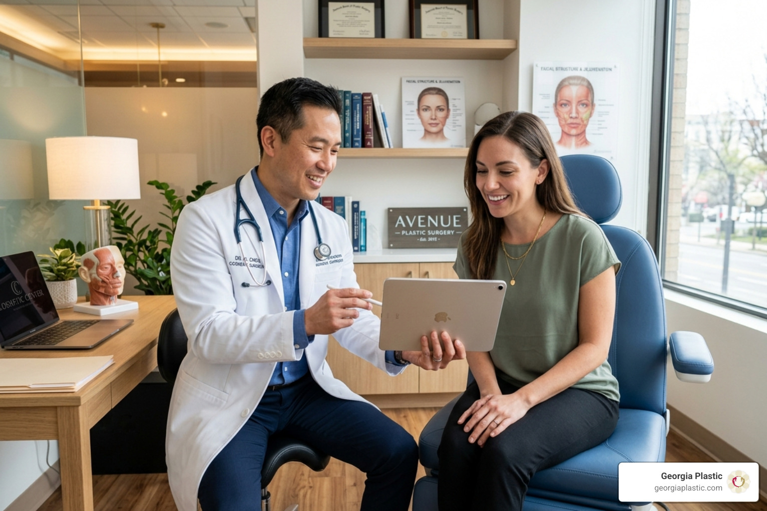 Surgeon performing a facial consultation with a patient - best chin implant surgeon atlanta