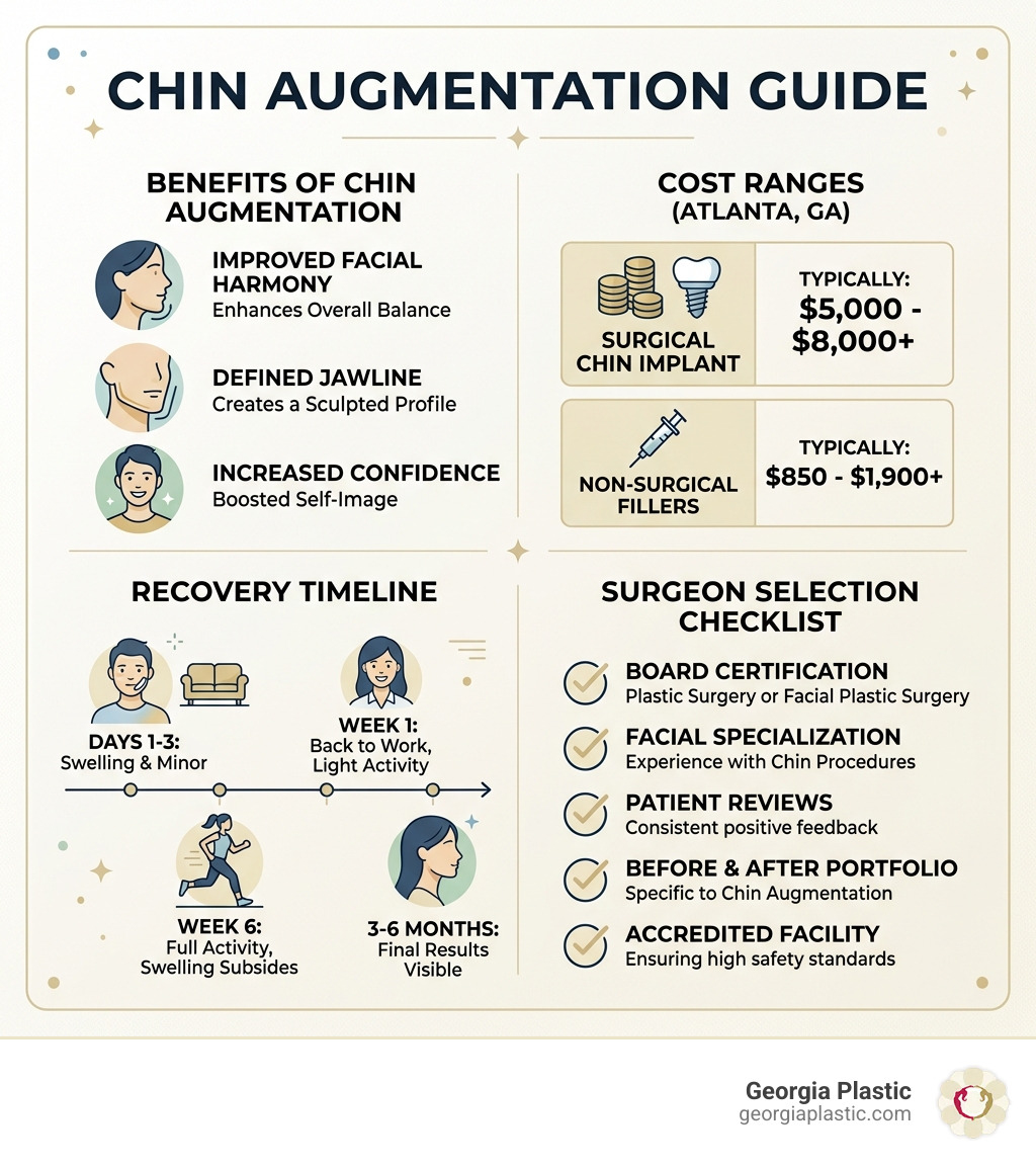 Infographic showing chin augmentation benefits, cost ranges, recovery timeline, and surgeon selection checklist - best chin