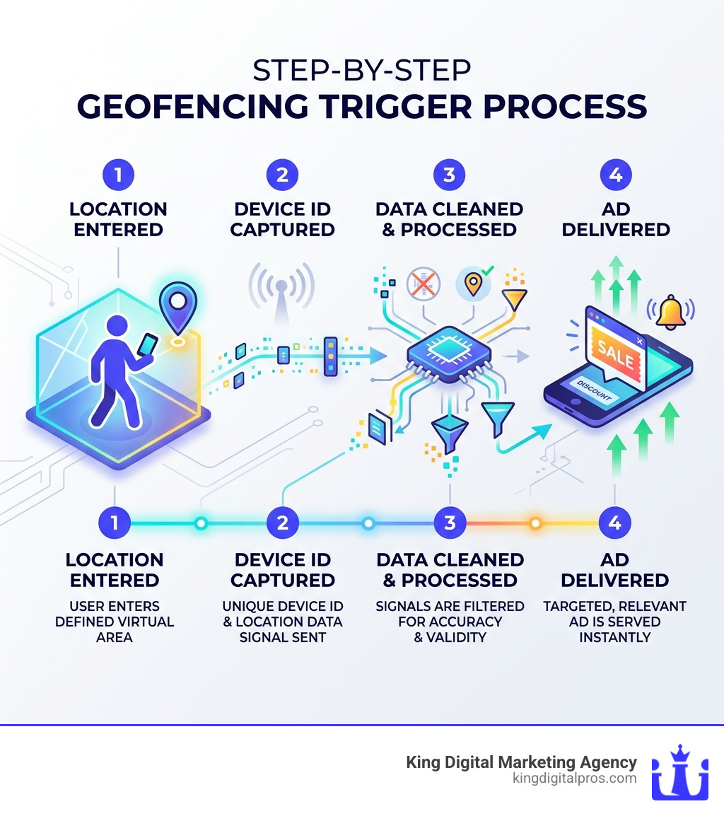 Step-By-Step Geofencing Trigger Process: Location Entered, Device Id Captured, Data Cleaned, Ad Delivered - Geofencing