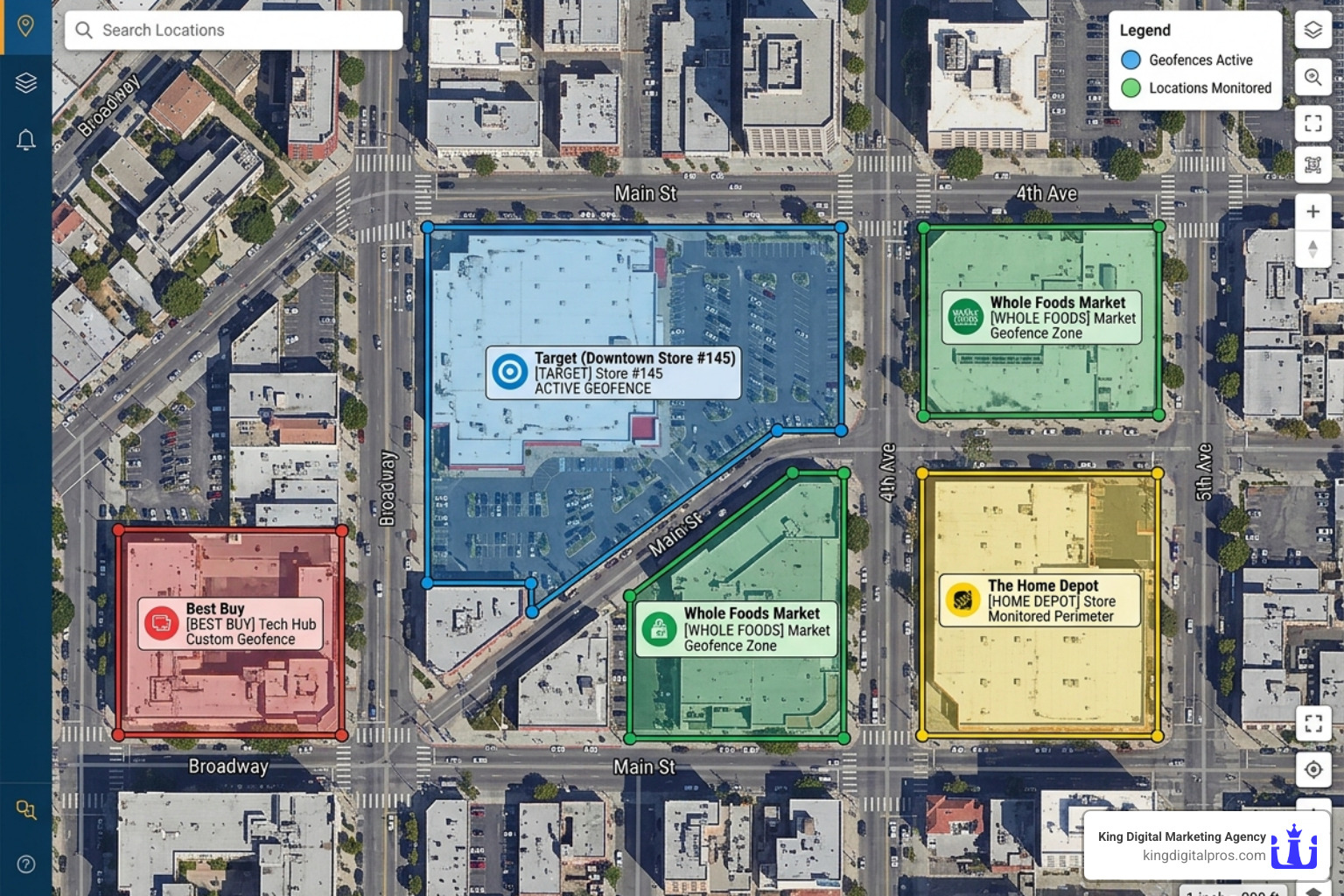 Digital Map Showing Custom Polygon Geofences Drawn Around Specific Commercial Buildings - Geofencing Advertising Platform