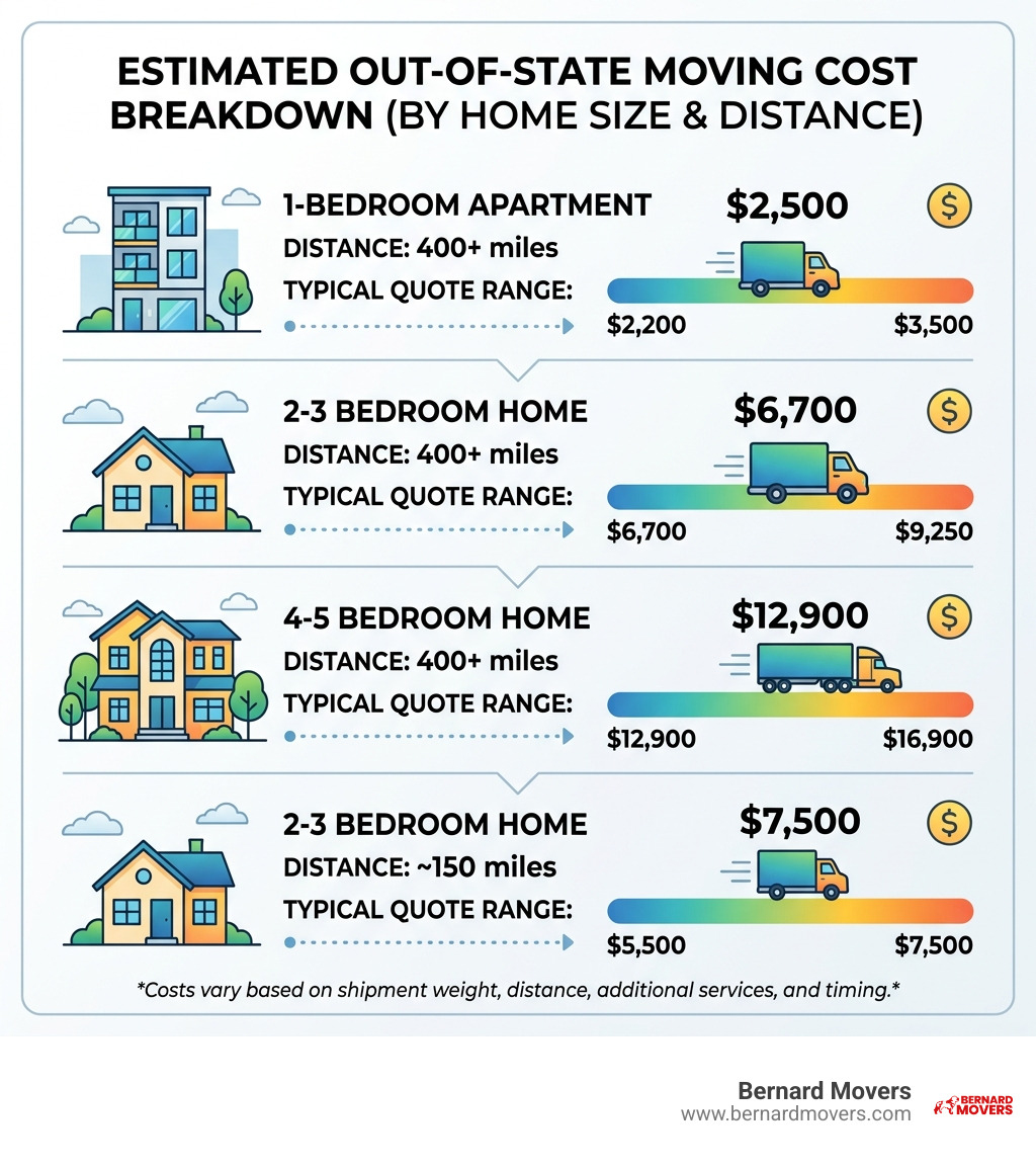 Out-of-state moving cost breakdown by home size, distance, and typical quote ranges - out of state movers quote infographic Out-of-state moving cost breakdown by home size, distance, and typical quote ranges - out of state movers quote infographic