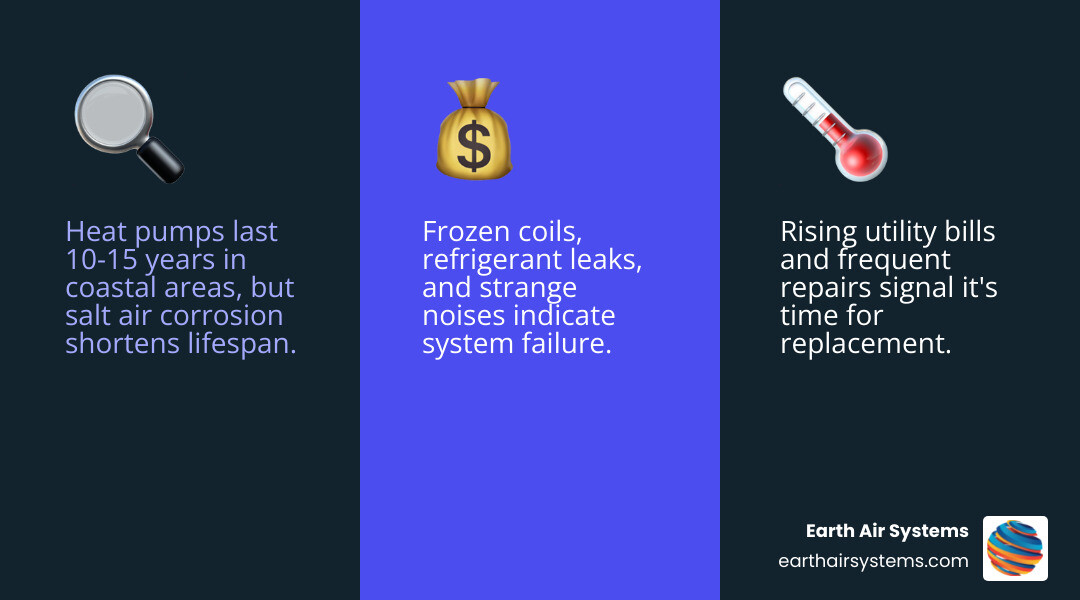 Infographic showing signs of heat pump failure, coastal climate benefits, and key replacement considerations for Coronado
