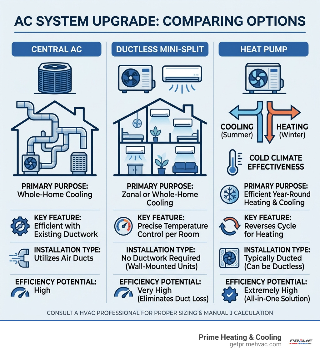 Comparison of Central AC vs. Ductless Mini-Split vs. Heat Pump efficiency and installation types - AC unit upgrade Comparison of Central AC vs. Ductless Mini-Split vs. Heat Pump efficiency and installation types - AC unit upgrade