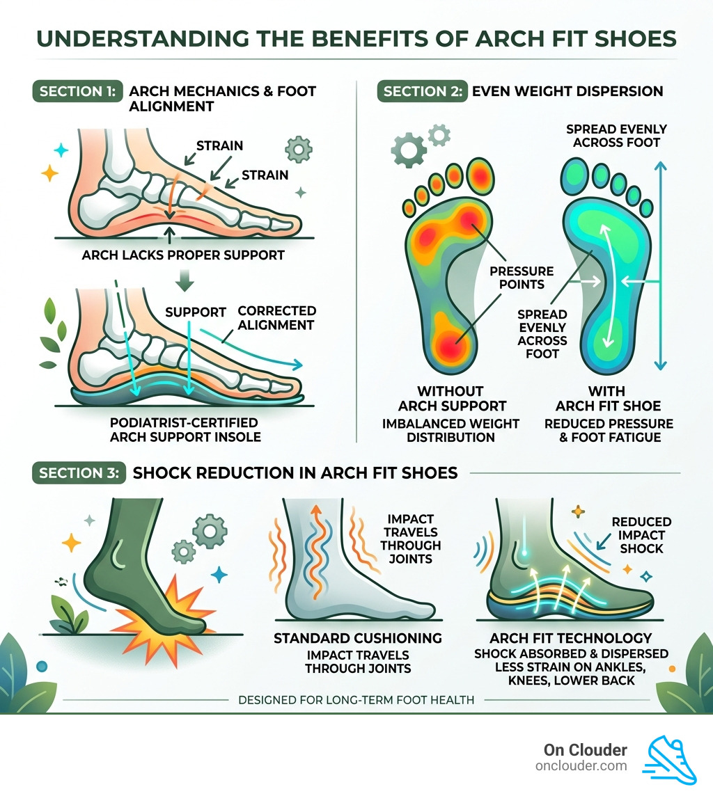 Infographic showing arch mechanics, weight dispersion, and shock reduction in arch fit shoes - arch fit shoes infographic Infographic showing arch mechanics, weight dispersion, and shock reduction in arch fit shoes - arch fit shoes infographic