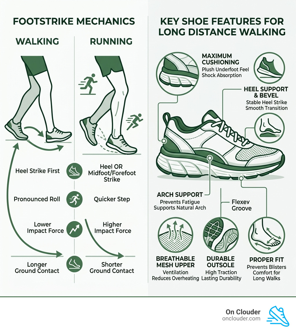 Infographic comparing walking vs running footstrike mechanics and key shoe features for long distance walking - best shoes Infographic comparing walking vs running footstrike mechanics and key shoe features for long distance walking - best shoes