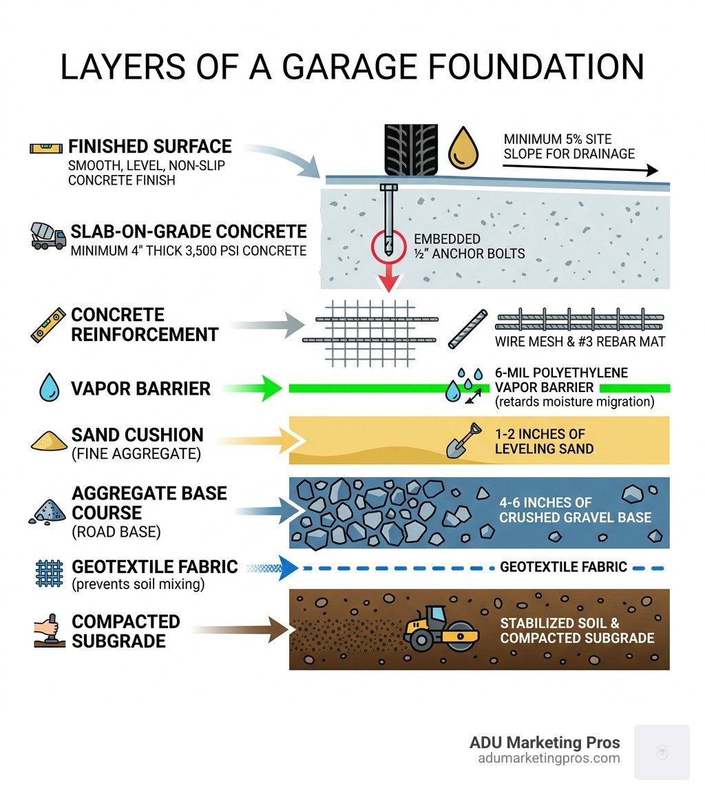Infographic showing layers of a standard garage foundation from compacted subgrade to finished concrete surface - Garage